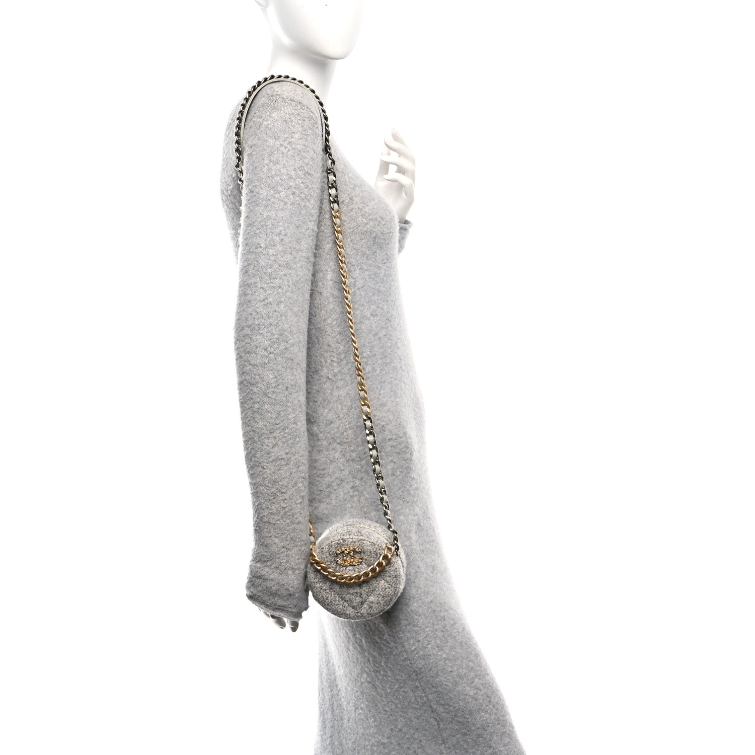 Wool Tweed Lambskin Quilted Chanel 19 Round Clutch With Chain Grey Ecru