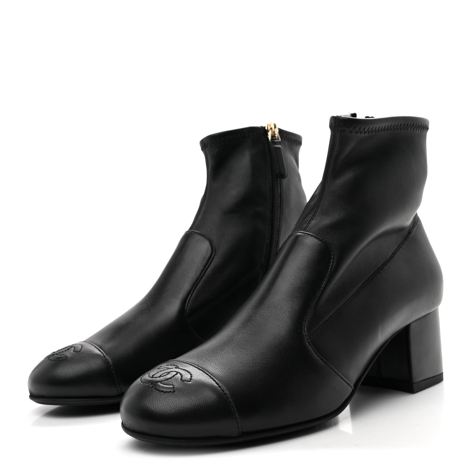 Stretch Lambskin Cap Toe CC Short Boots 37.5 Black