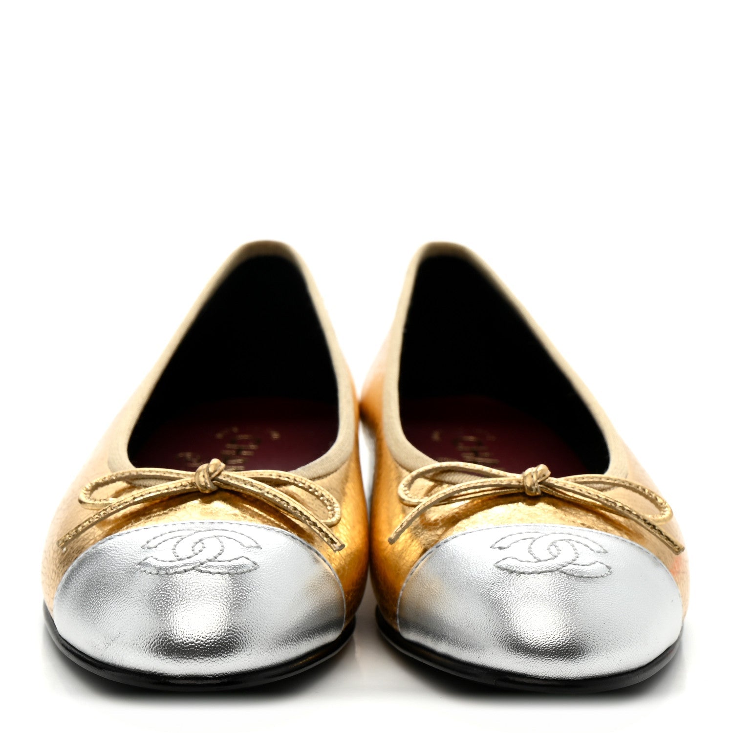Crackled Laminated Calfskin CC Cap Toe Ballerina Flats 36.5 Gold Silver