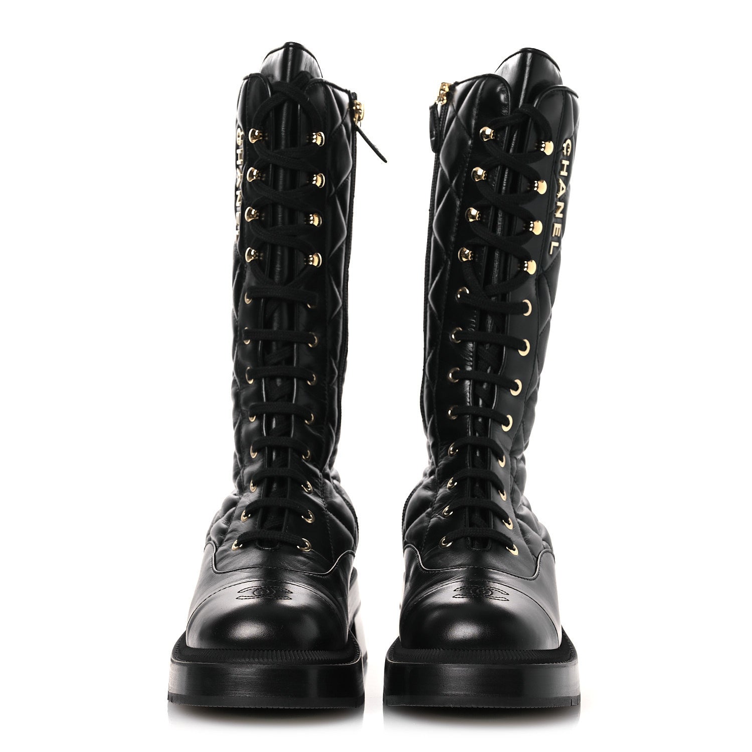 Calfskin Quilted Logo Lace Up Tall Combat Boots 39 Black