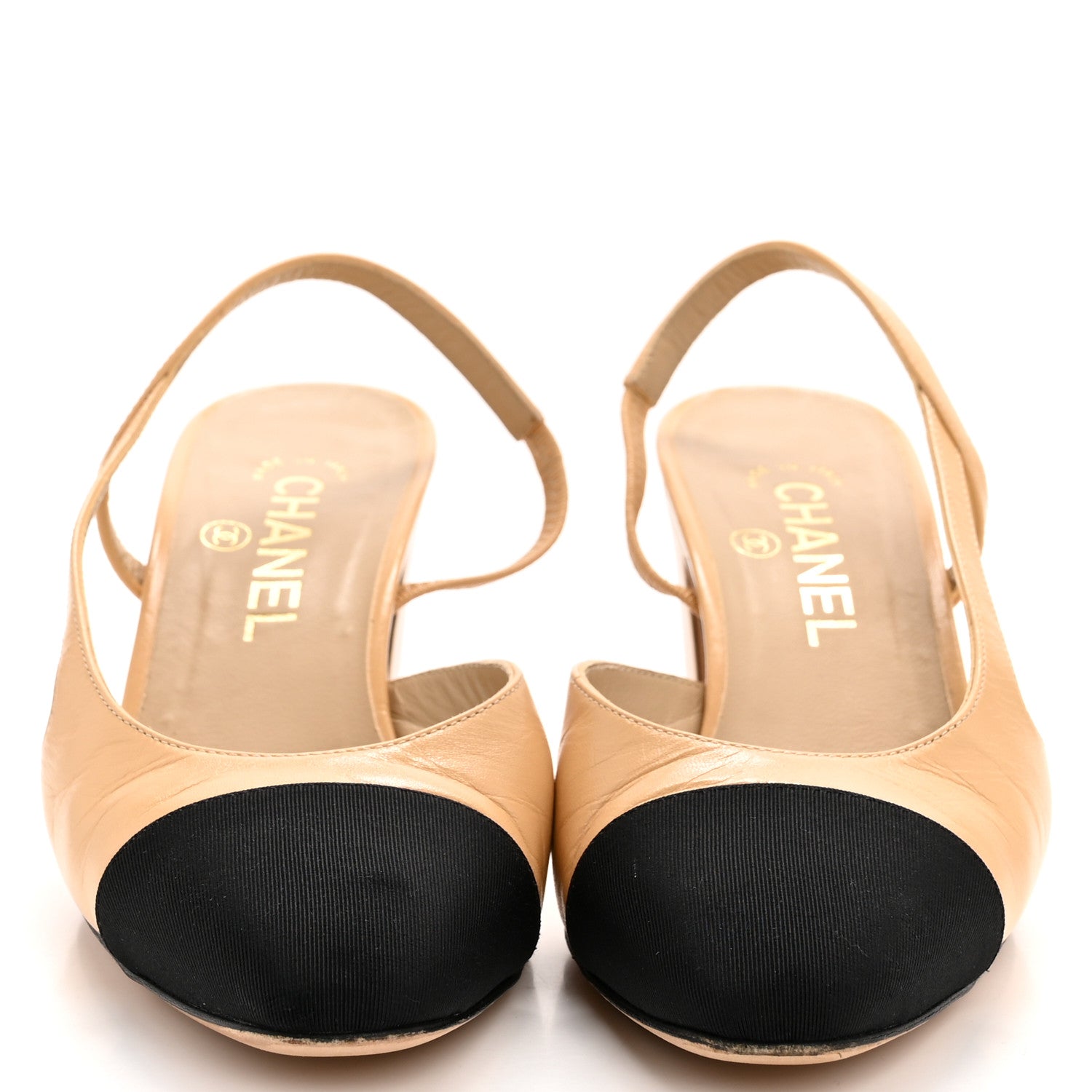 Goatskin Grosgrain Cap Toe CC Slingback Pumps 38.5 Beige Black
