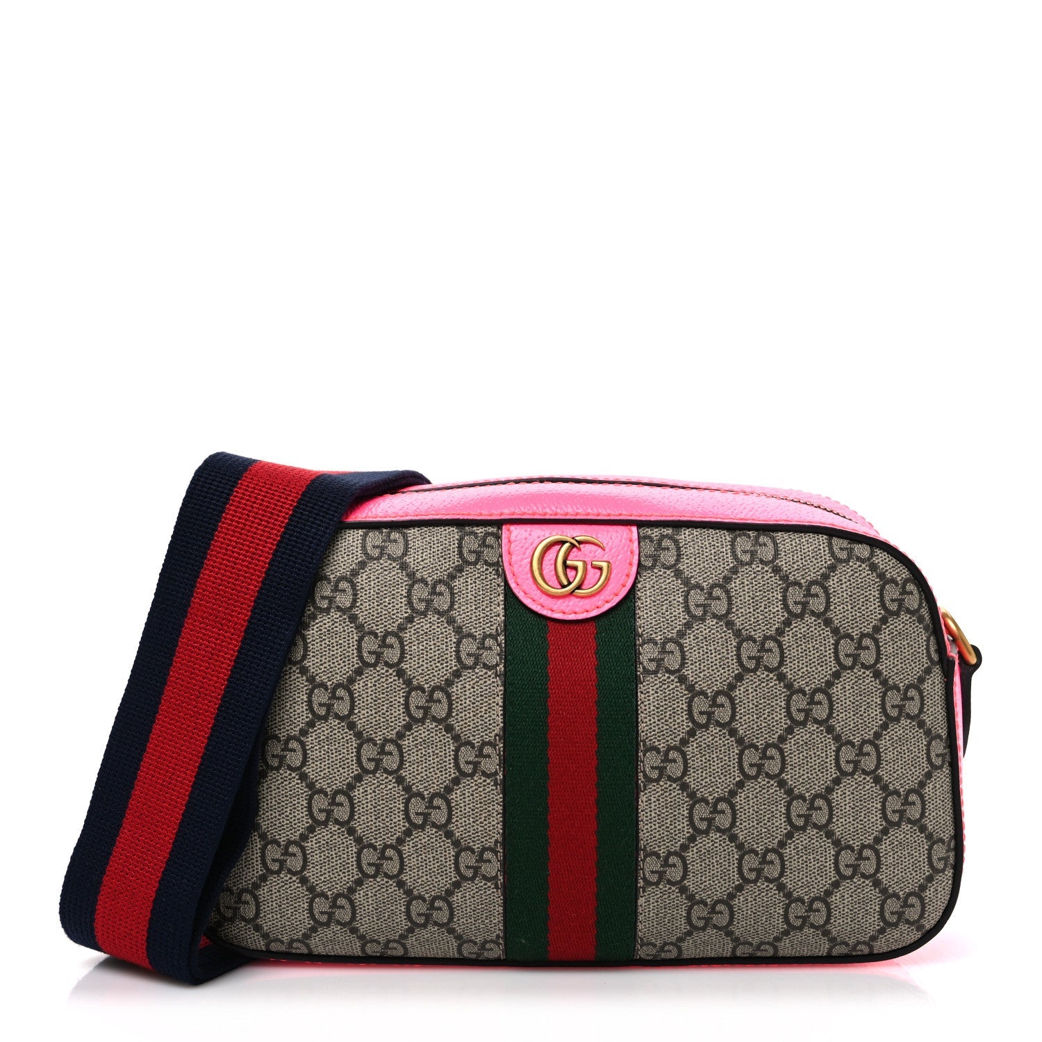 GG Supreme Monogram Textured Dollar Calfskin Web Ophidia Small Crossbody Bag Beige Ebony Fuchsia