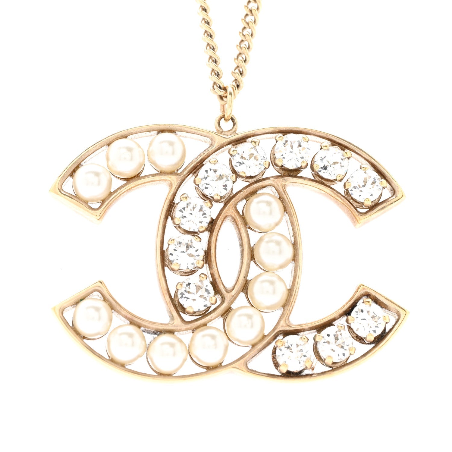 Pearl Crystal CC Pendant Necklace Gold