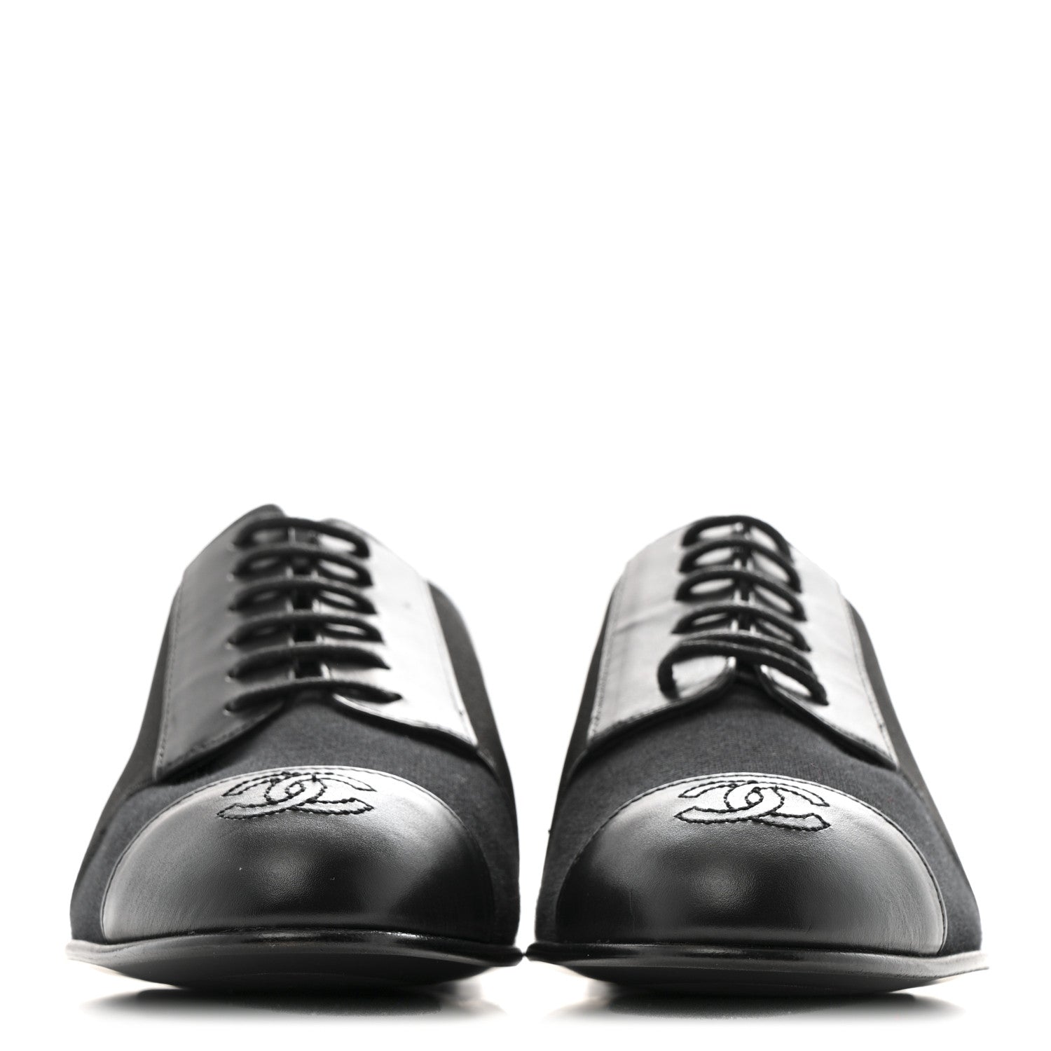 Calfskin Elastic Lace Up Cap Toe CC Loafers 37 Black