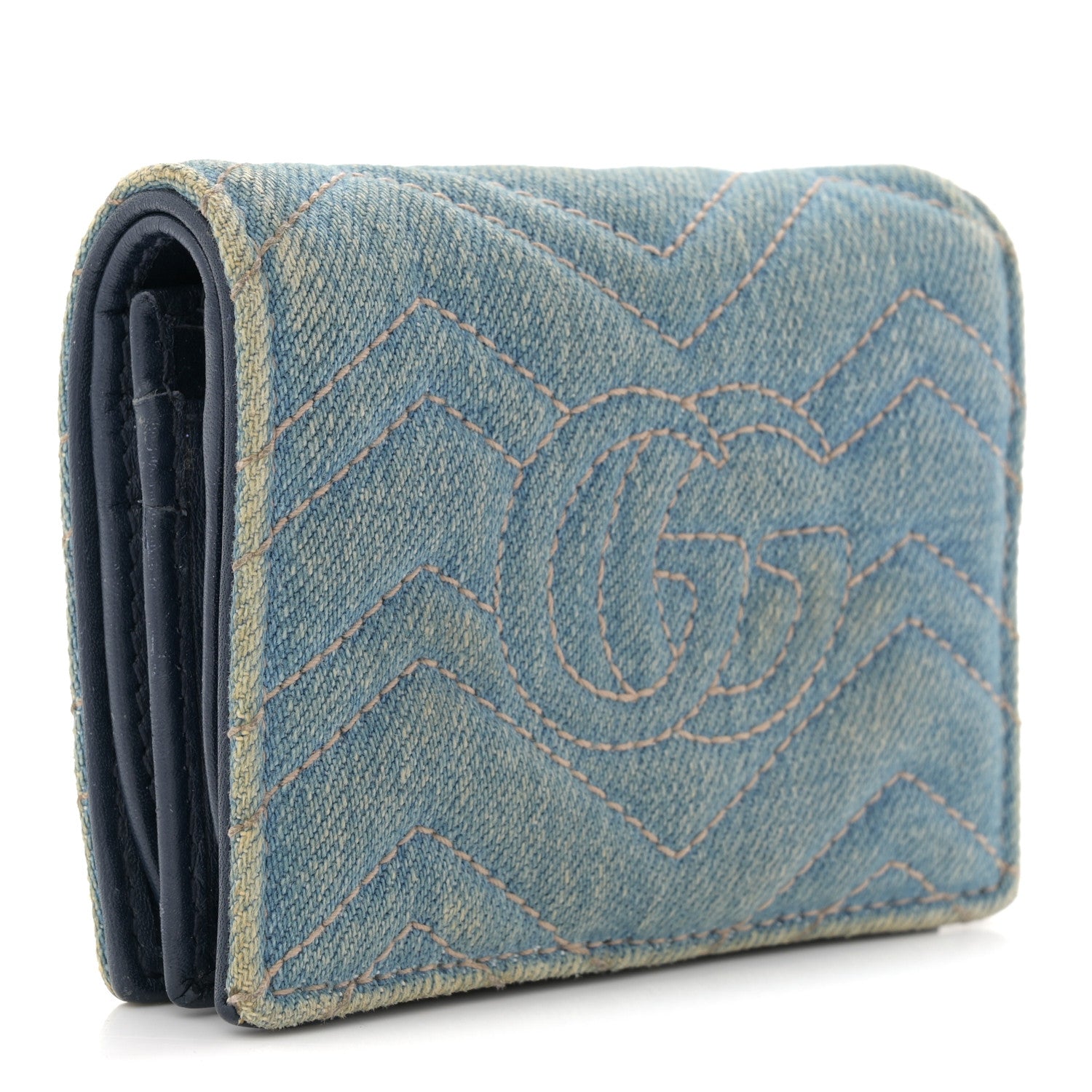 Denim Matelasse Pearly GG Marmont Card Case Wallet Blue