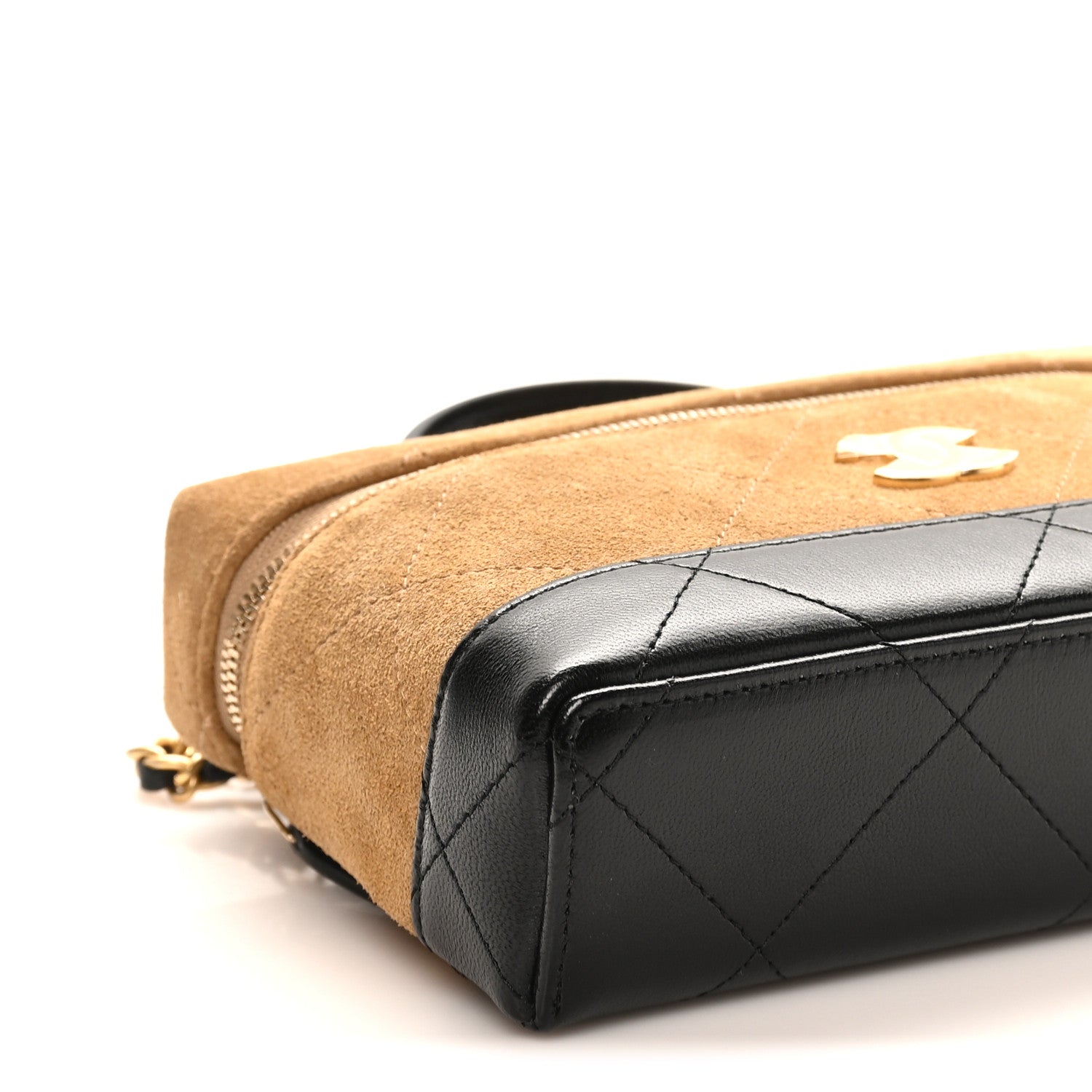 Suede Calfskin Shiny Lambskin Stitched Top Handle Slim Vanity Case With Chain Beige Black