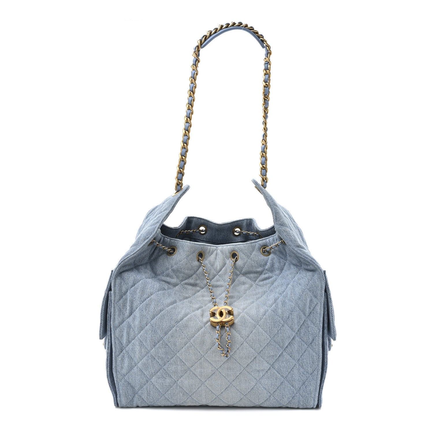 Washed Denim Quilted Medium Chanel 25 Handbag Blue