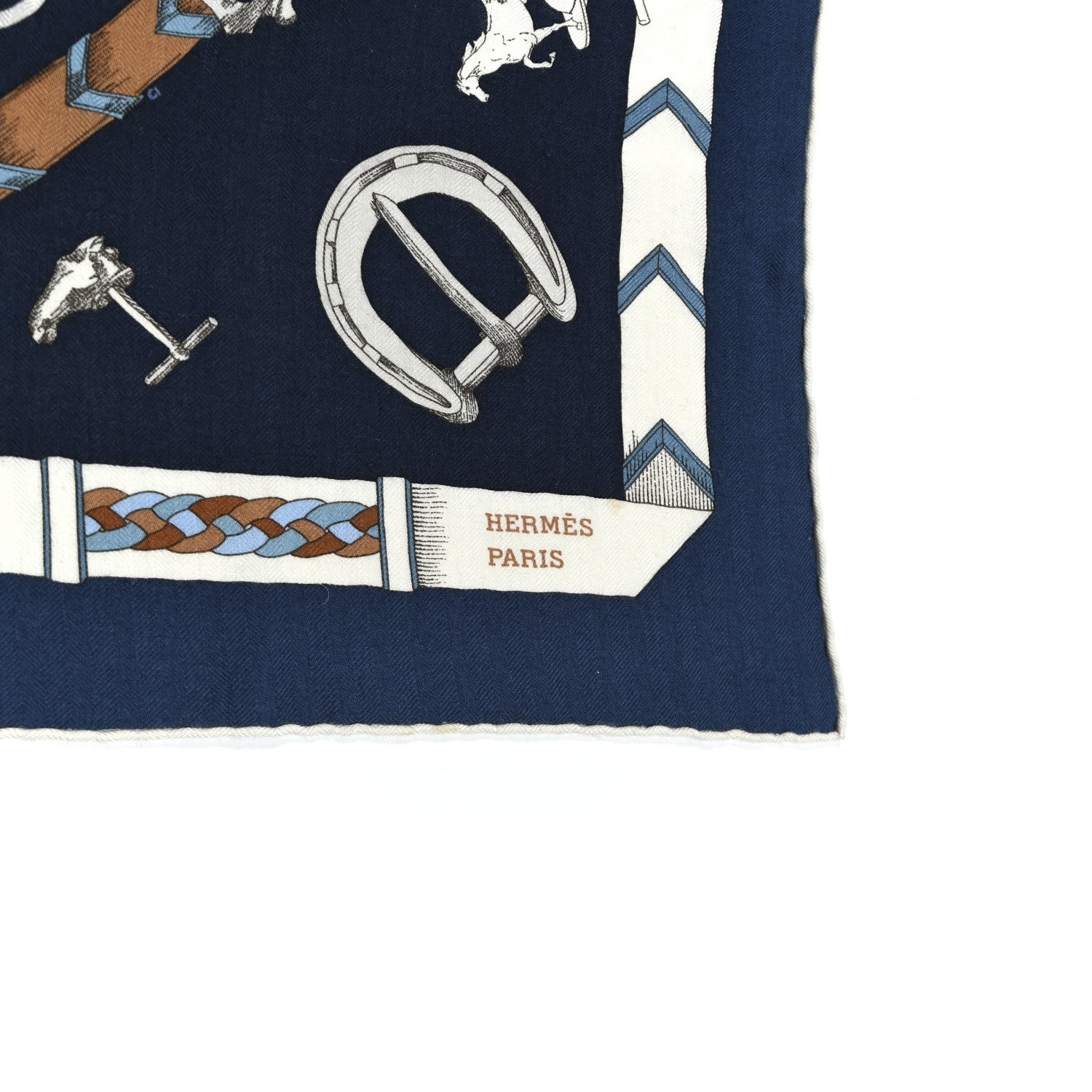 Cashmere Silk Chevaux Dechaines Shawl 140 Marine Fonce White Noisette