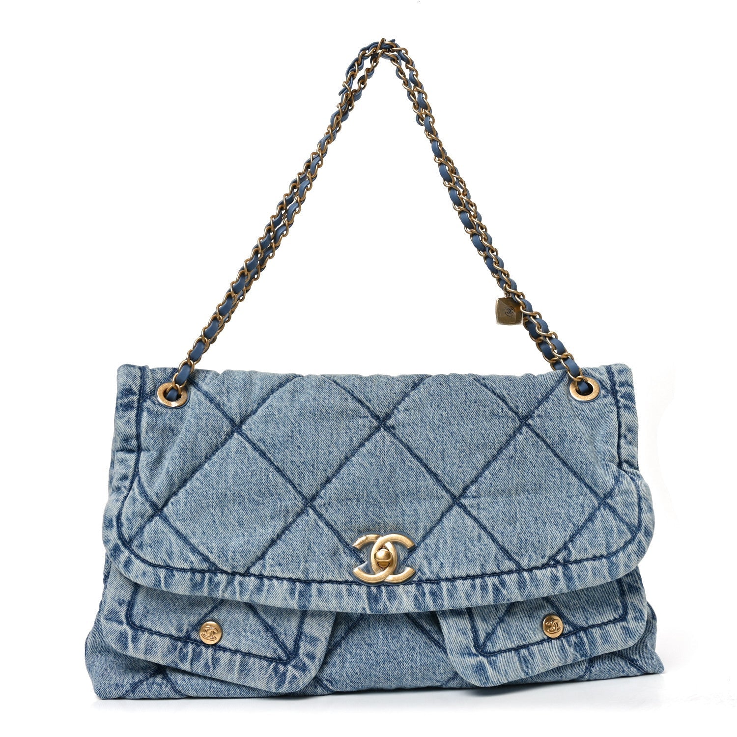 Washed Denim Quilted Maxi Flap Bag Blue
