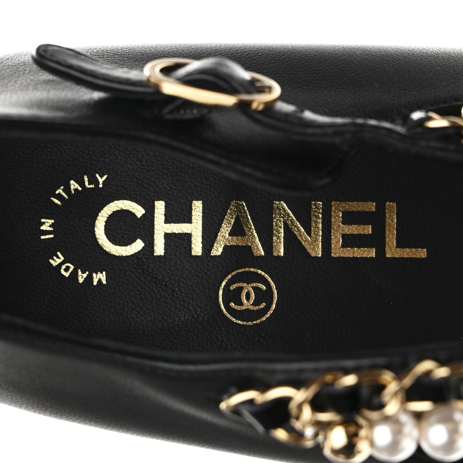 Shiny Lambskin Pearl Cap Toe Ankle Chain Ballerina Flats 37 Black