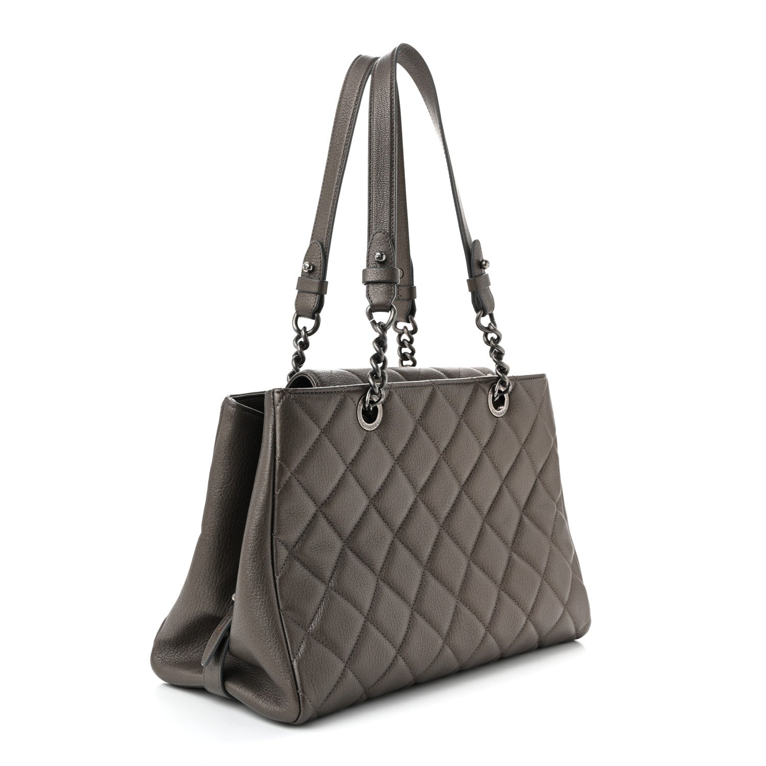 Metallic Goatskin Quilted Large City Rock Shopping Bag Silver