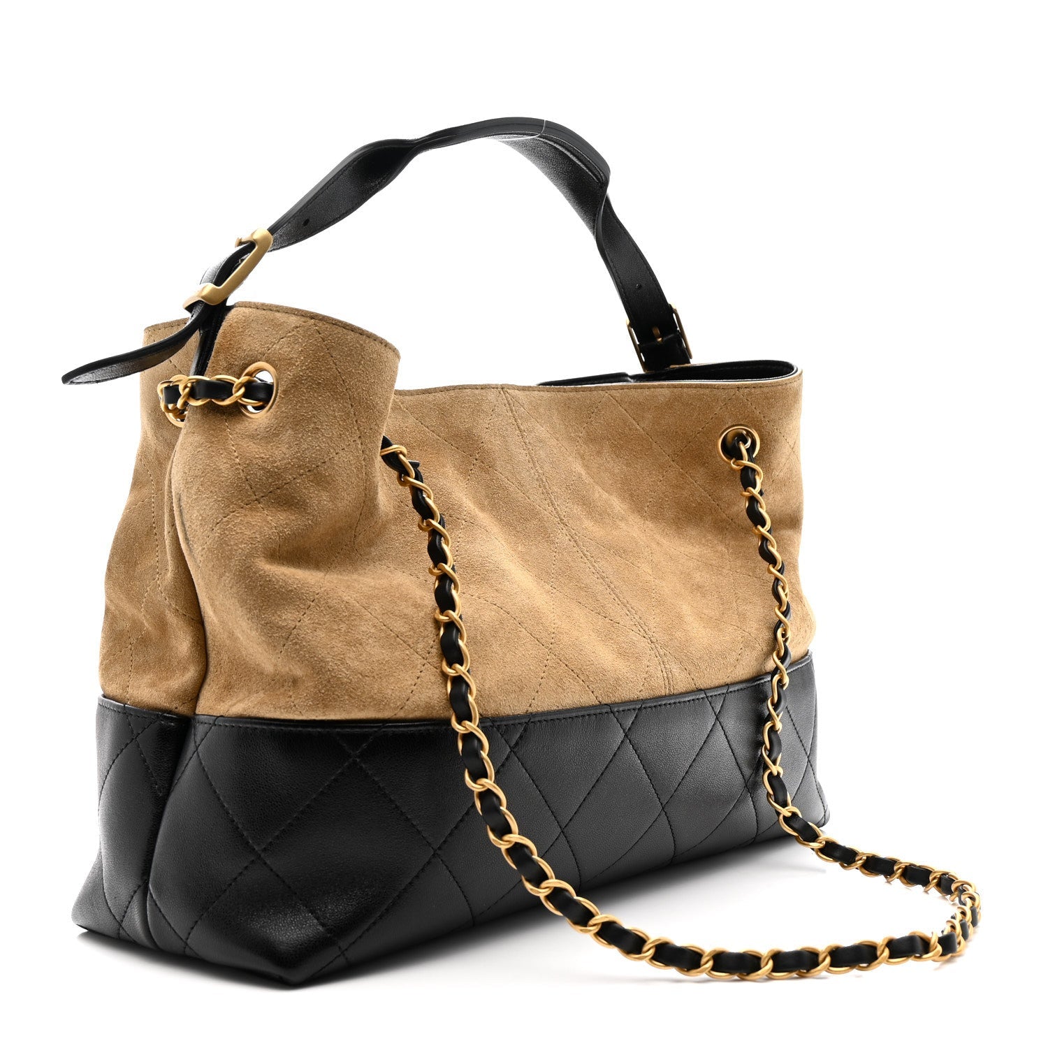 Suede Calfskin Shiny Lambskin Quilted Small Shopping Bag Beige Black