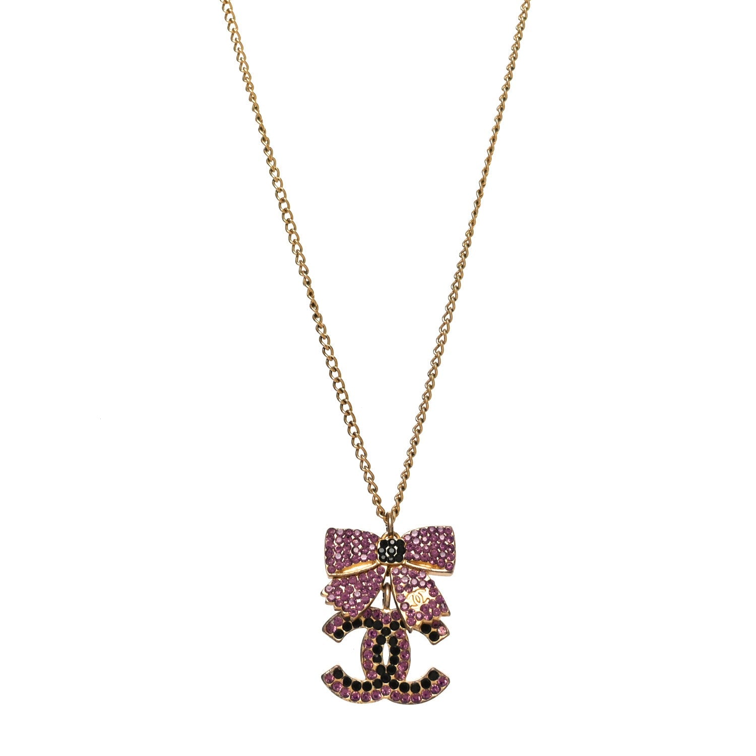 Crystal CC Bow Necklace Gold Purple