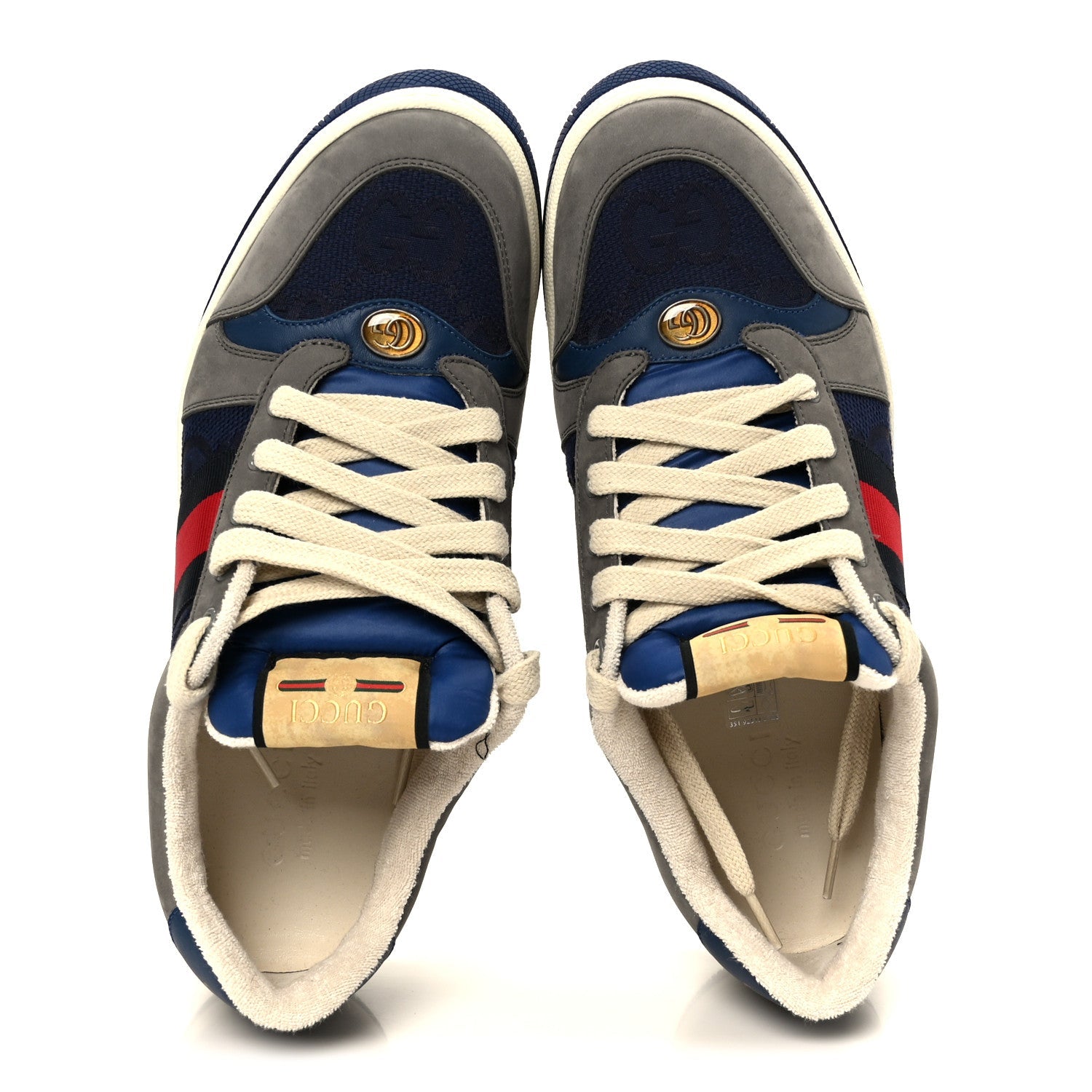 Suede GG Monogram Calfskin Web Mens Screener Sneakers 9 Grey Blue Red
