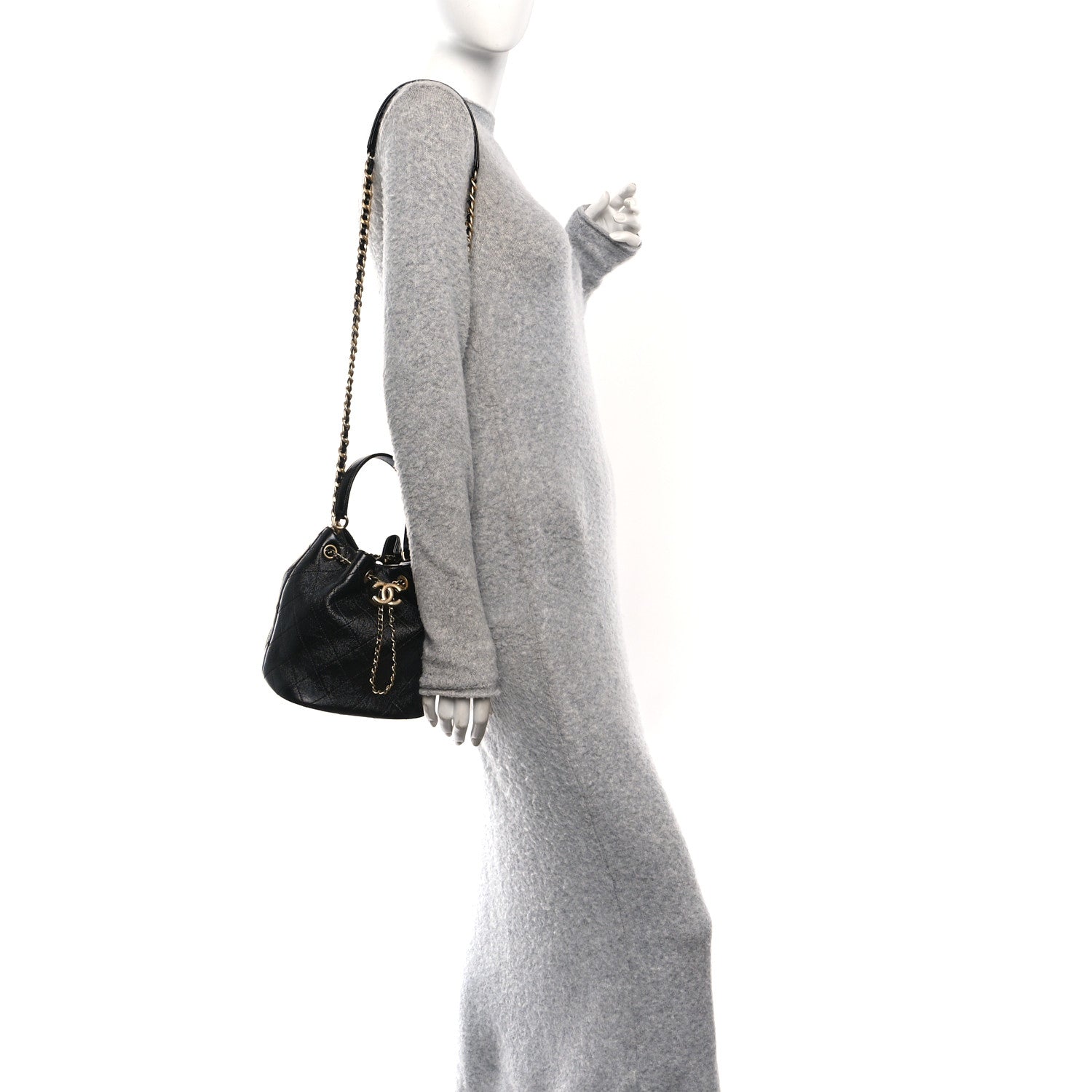 Shiny Lambskin Quilted Fashion Therapy Bucket Drawstring Bag Black