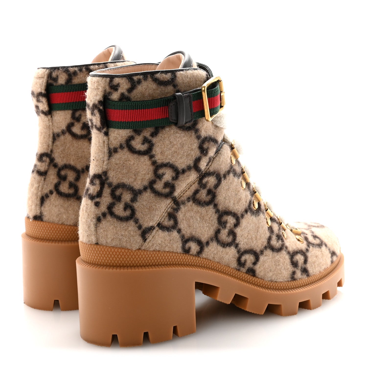 Covered Wool Big GG Monogram Womens Lace Up Combat Ankle Boots 36 Beige Ebony Cocoa