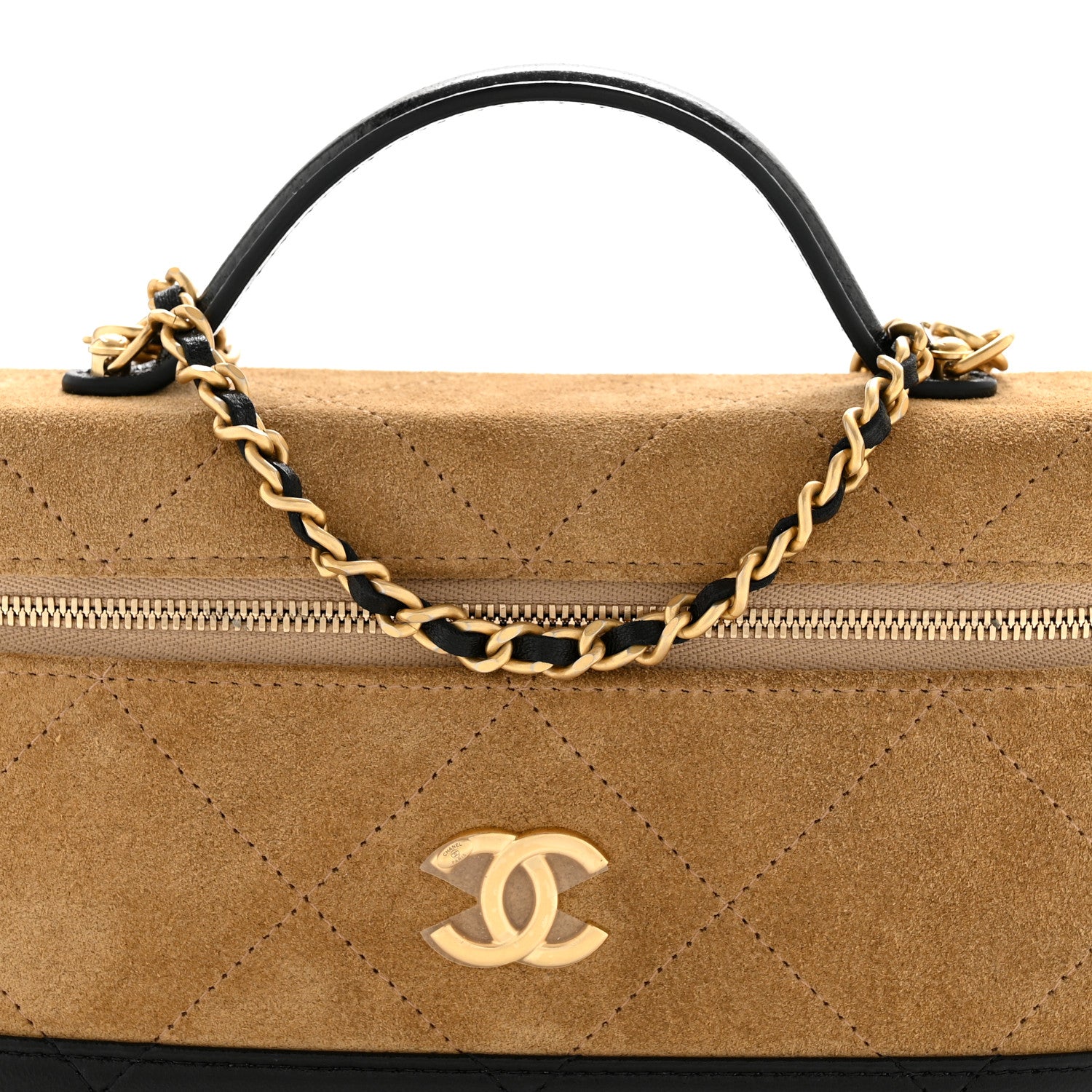 Suede Calfskin Shiny Lambskin Quilted Top Handle Slim Vanity Case With Chain Beige Black