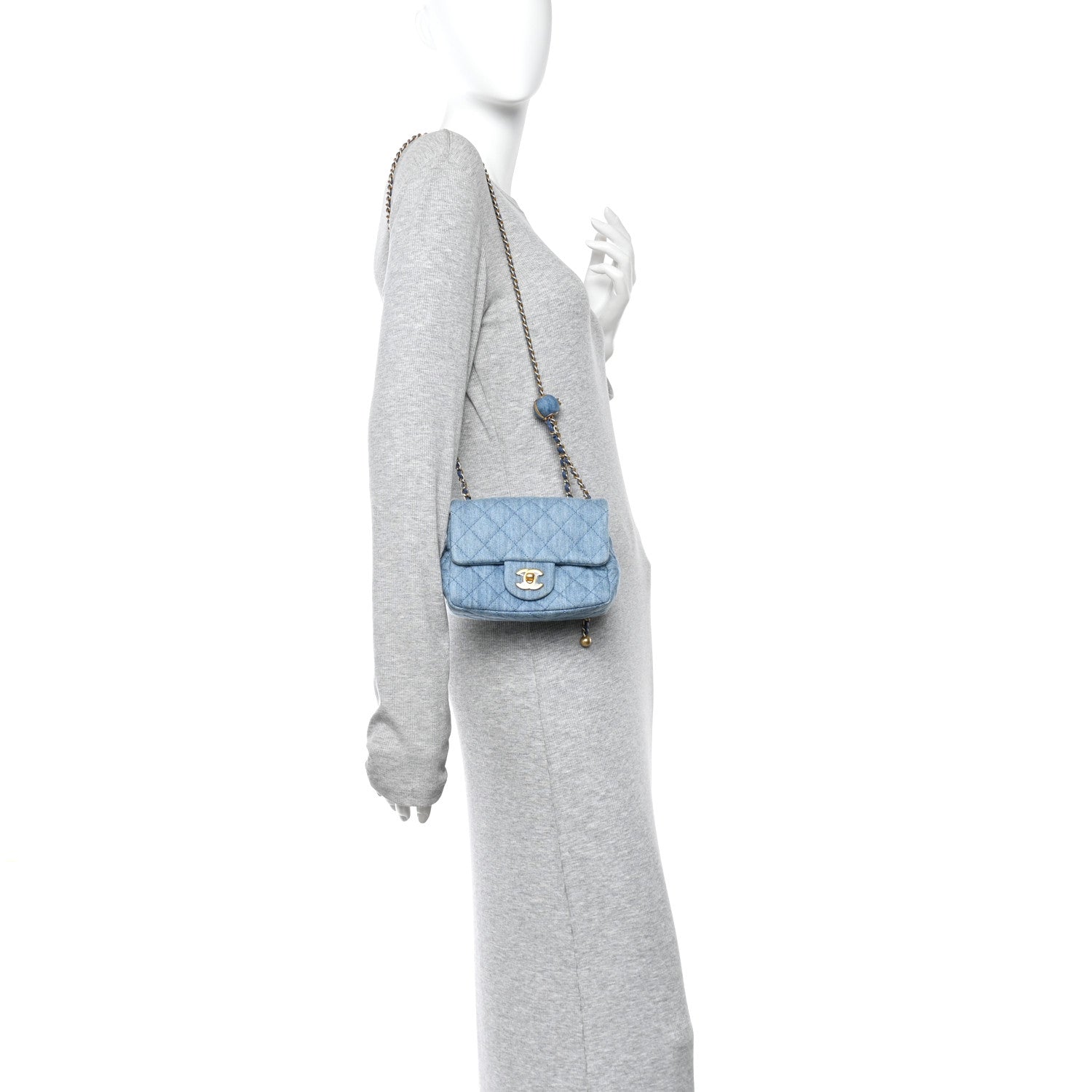 Denim Quilted Mini Pearl Crush Flap Blue