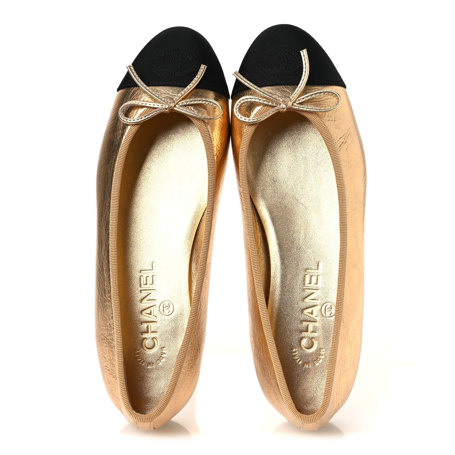 Laminated Crumpled Lambskin Grosgrain Cap Toe CC Ballerina Flats 37.5 Gold Black