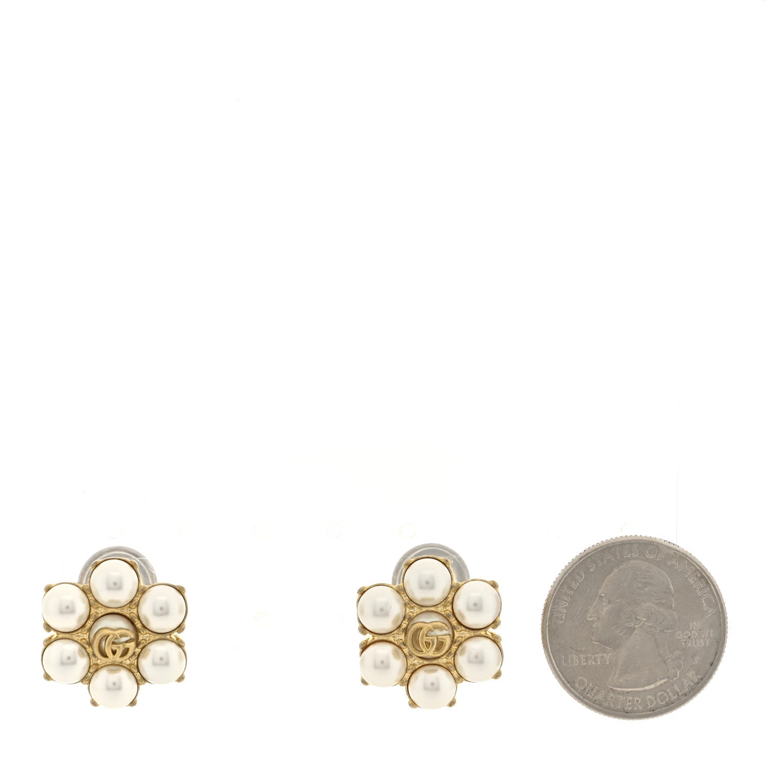 Metal Pearl Double G Clip On Earrings Aged Gold