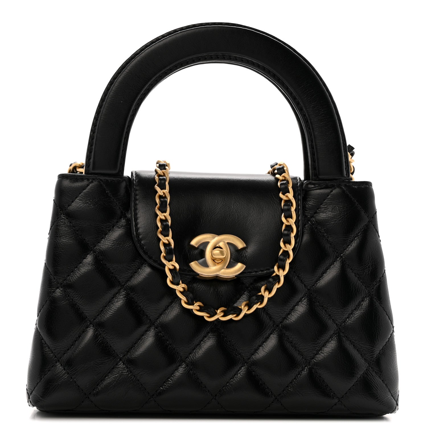Shiny Aged Calfskin Quilted Nano Kelly Shopper Black