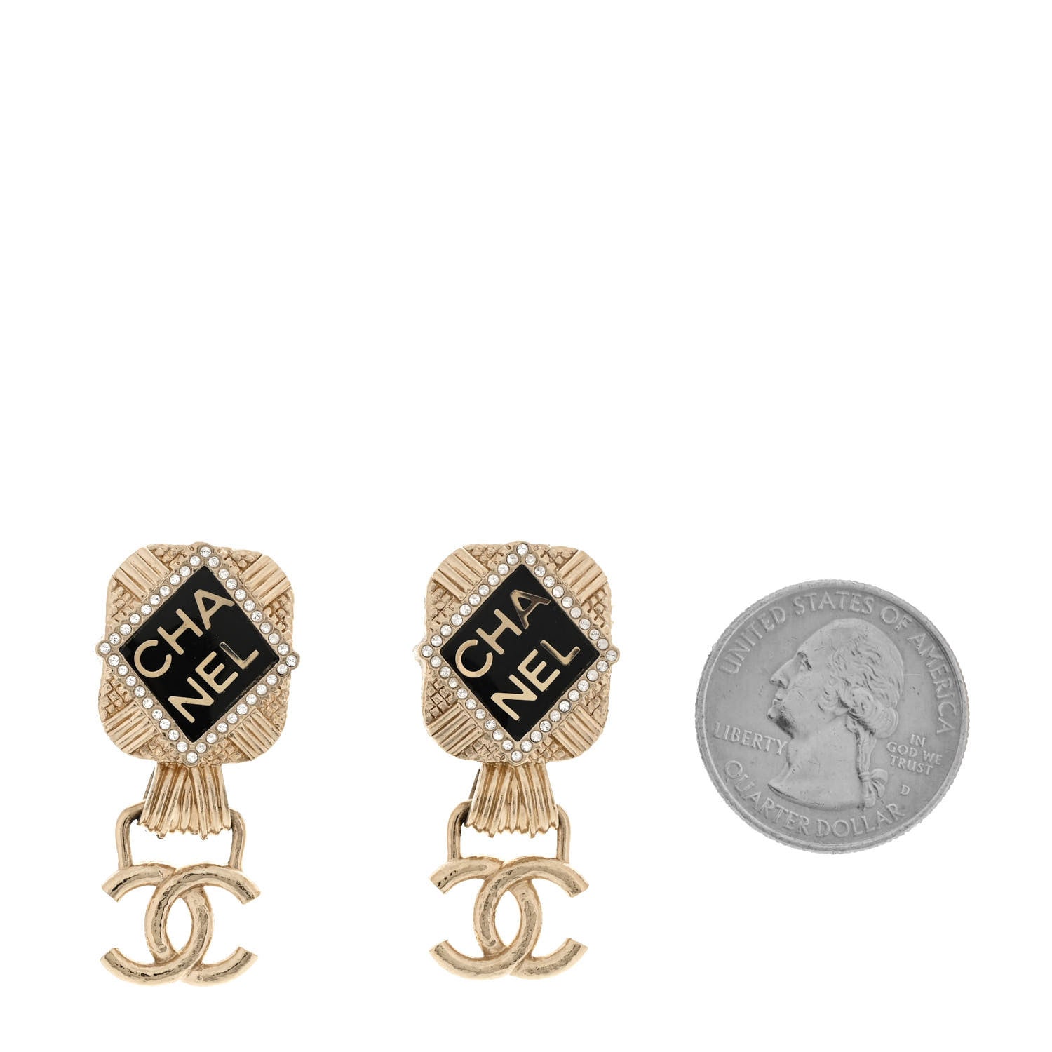 Resin Crystal Quilted CC Drop Earrings Black Gold
