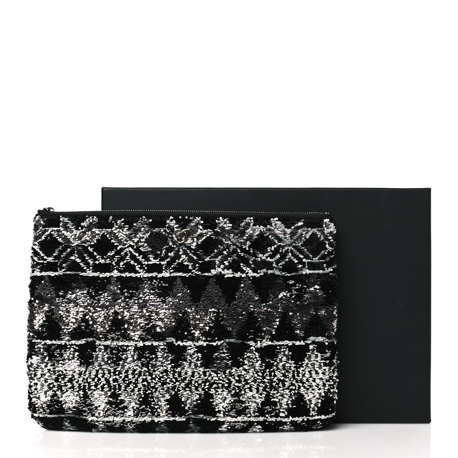 Sequin Wool Quilted Cosmetic Pouch Black Silver