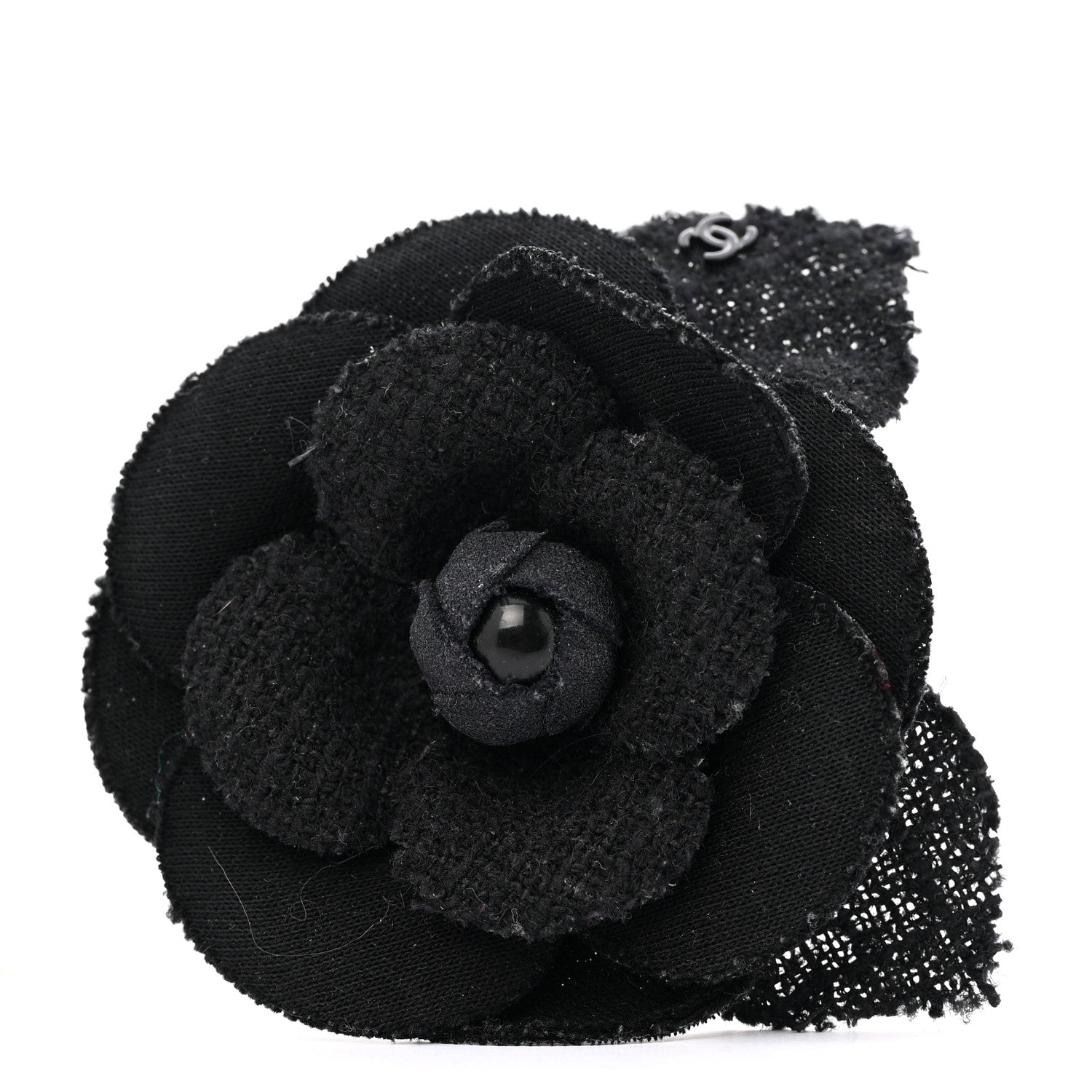 Tweed Fabric Camellia Pin Brooch Black