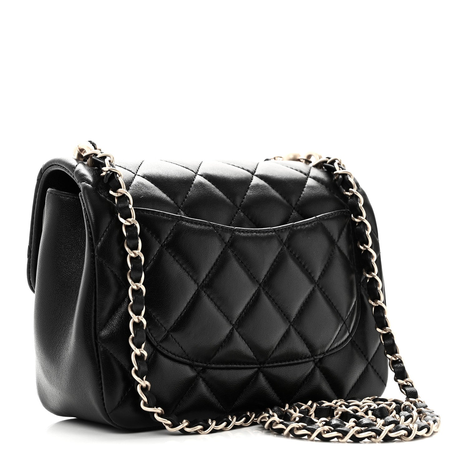 Shiny Lambskin Quilted Pearl Twist Mini Square Flap Black