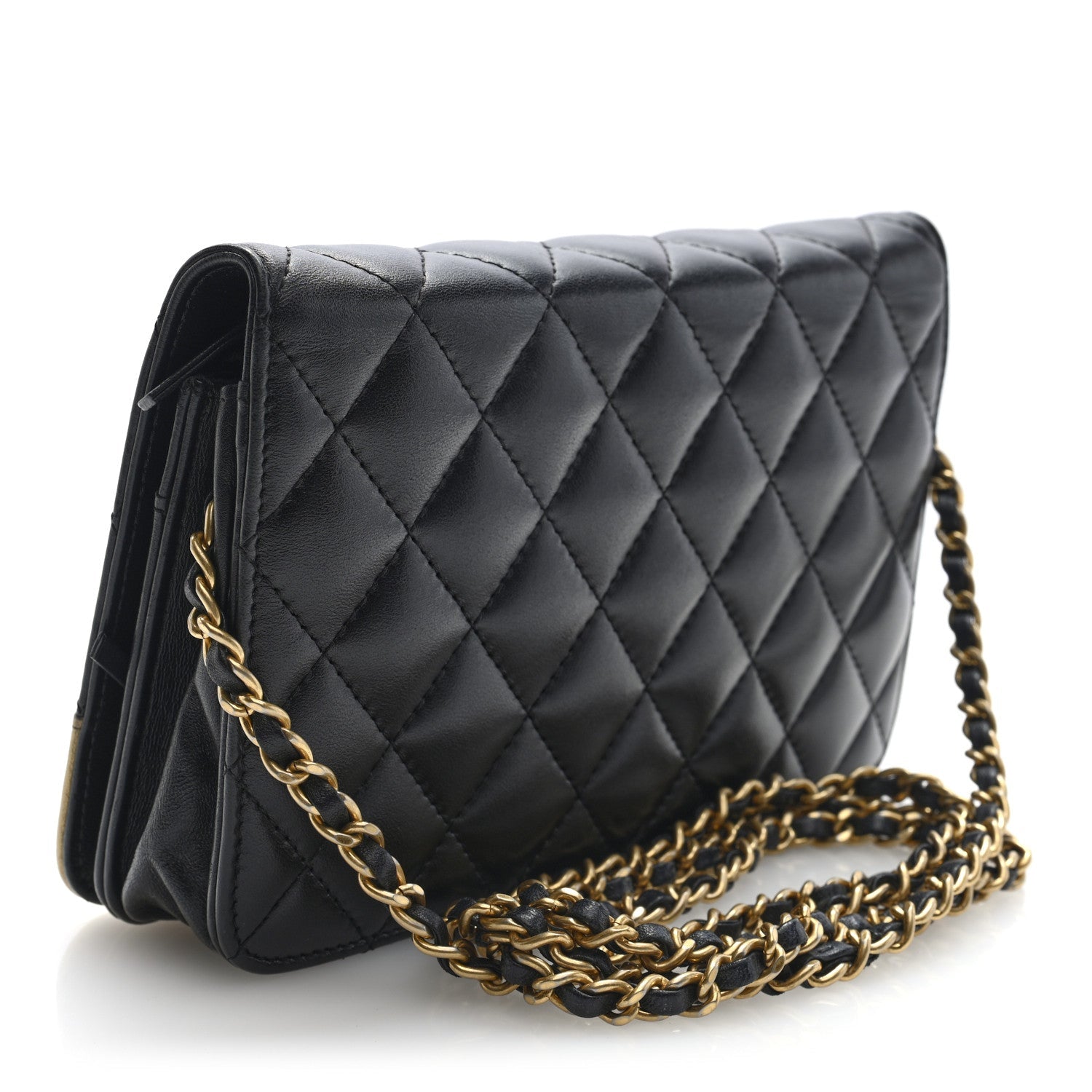 Lambskin Quilted Wallet On Chain WOC Black Gold