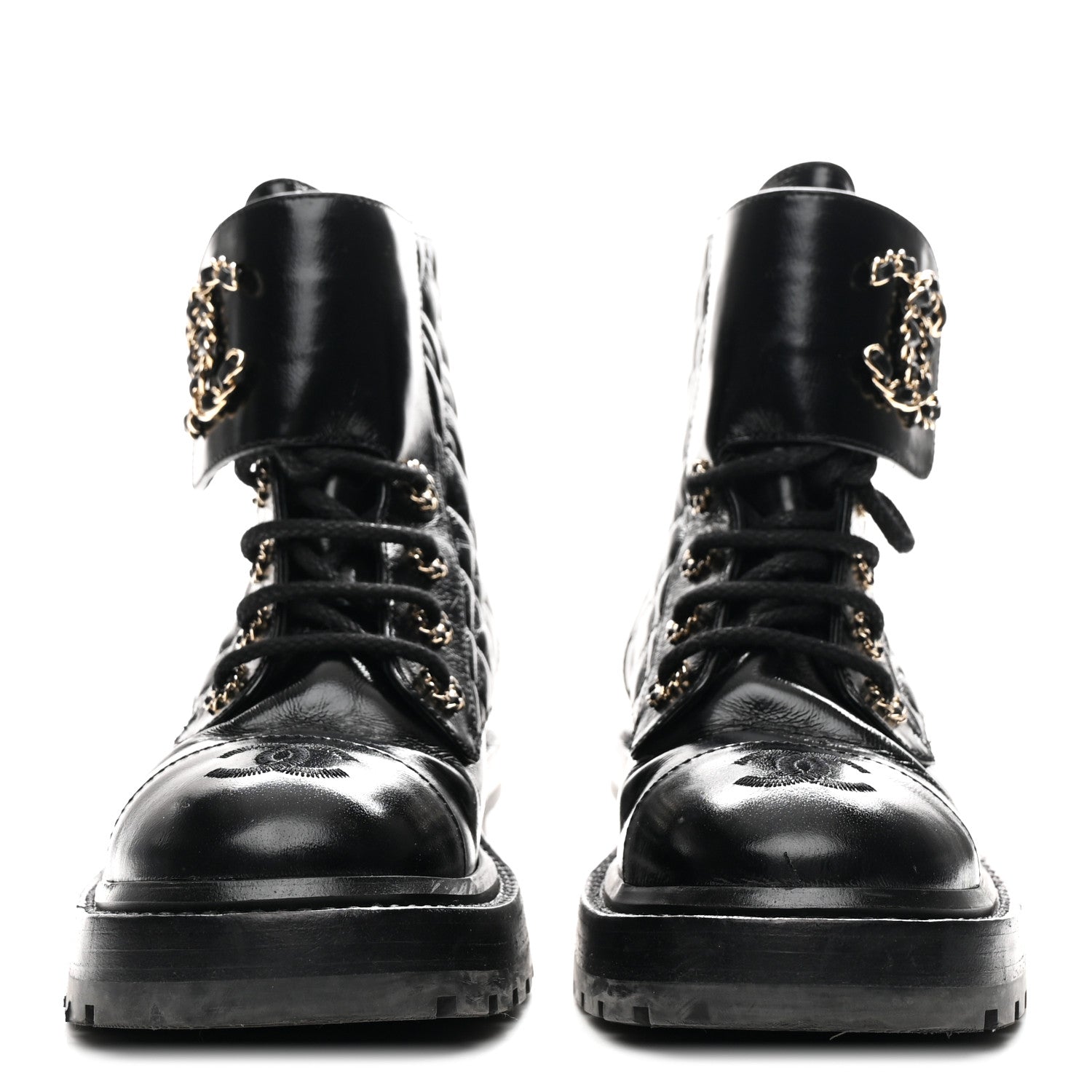 Shiny Calfskin Quilted Lace Up Combat Boots 36 Black