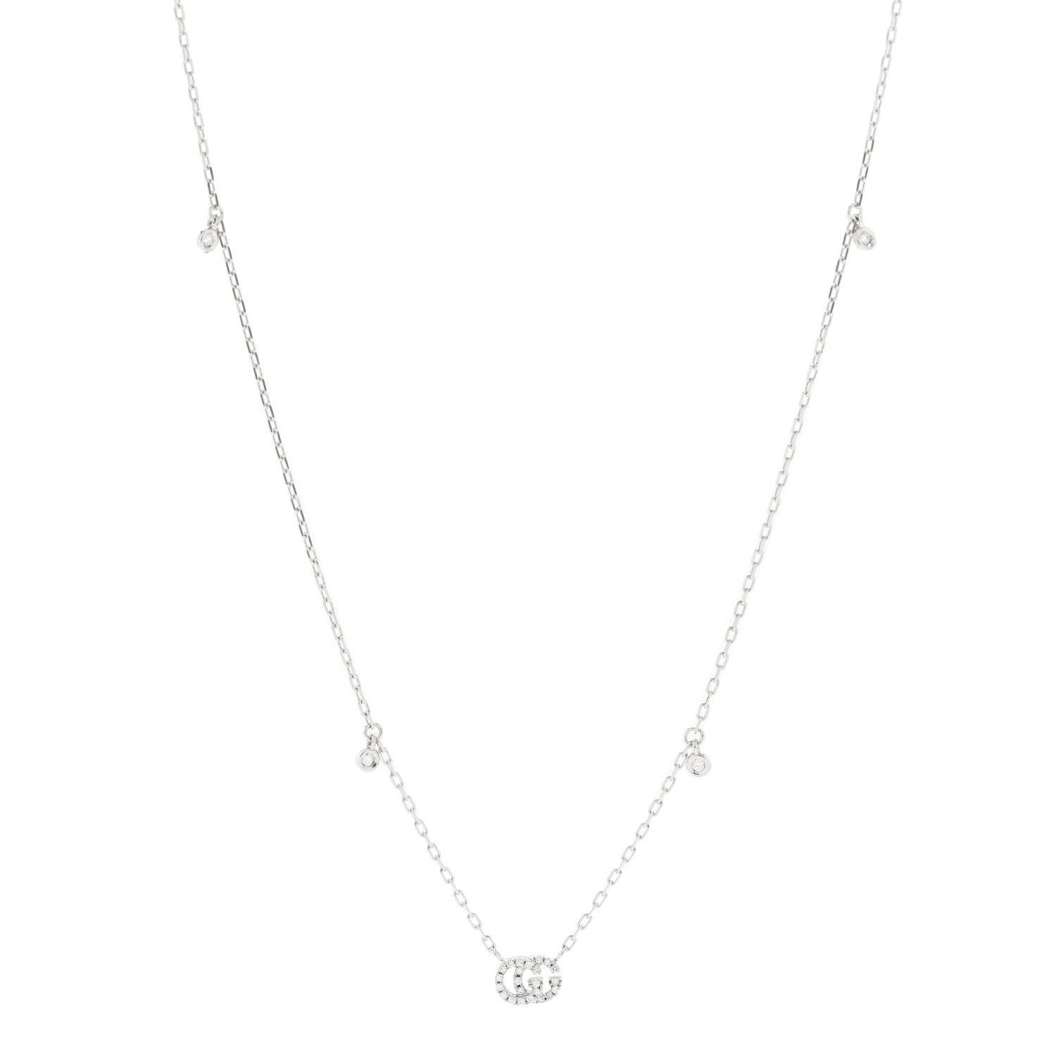 18K White Gold Diamond Running GG Pendant Necklace