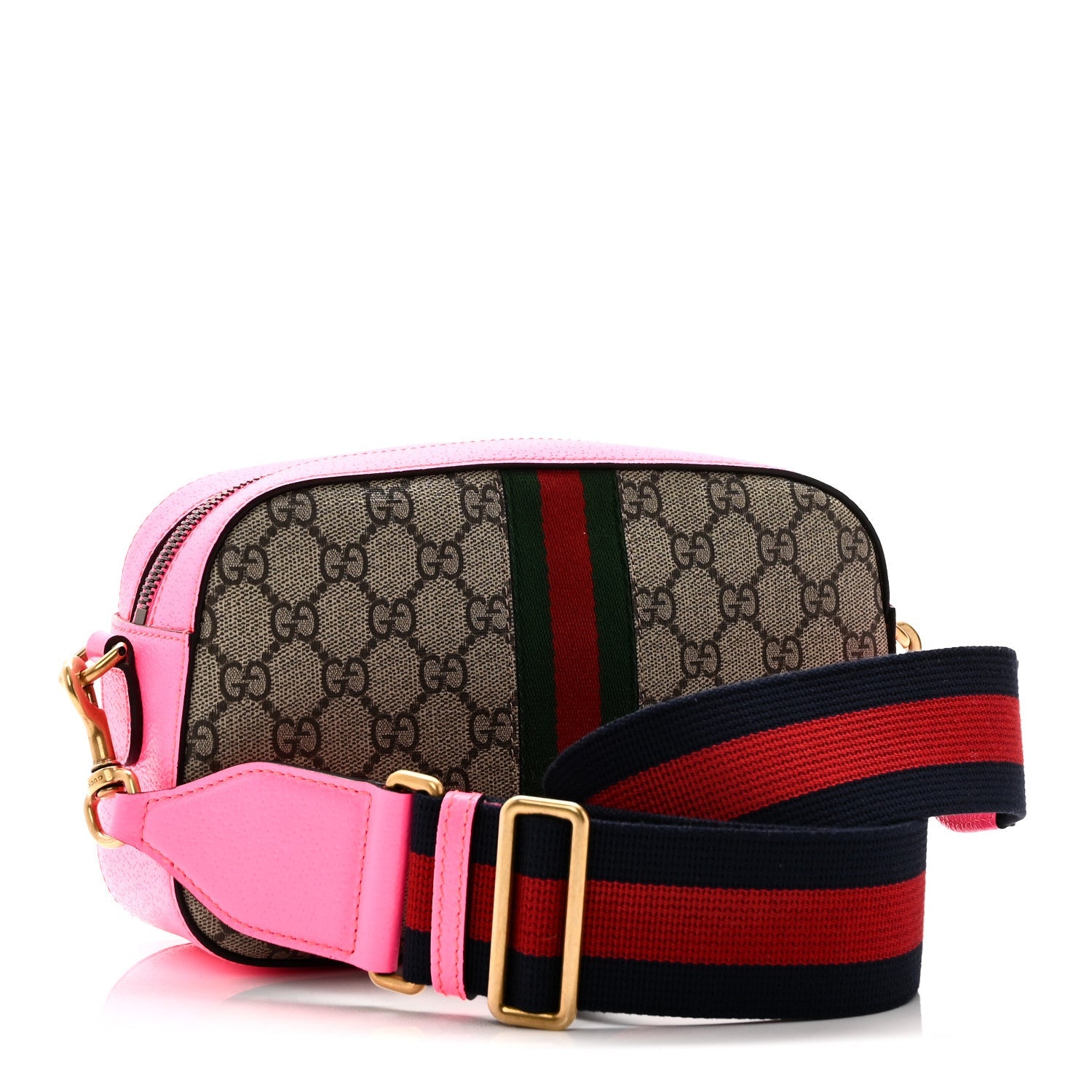 GG Supreme Monogram Textured Dollar Calfskin Web Ophidia Small Crossbody Bag Beige Ebony Fuchsia