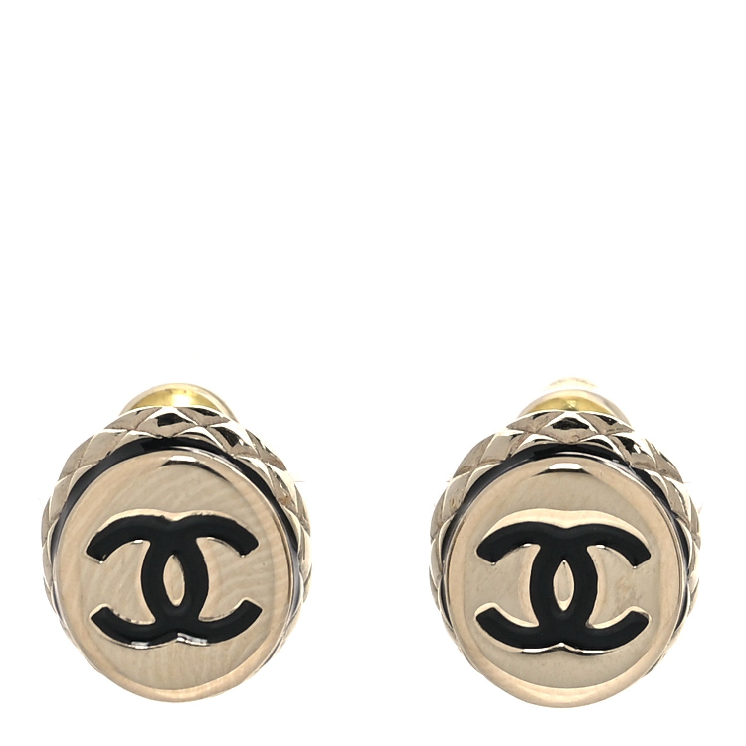 Metal Enamel Quilted CC Stud Earrings Gold Black