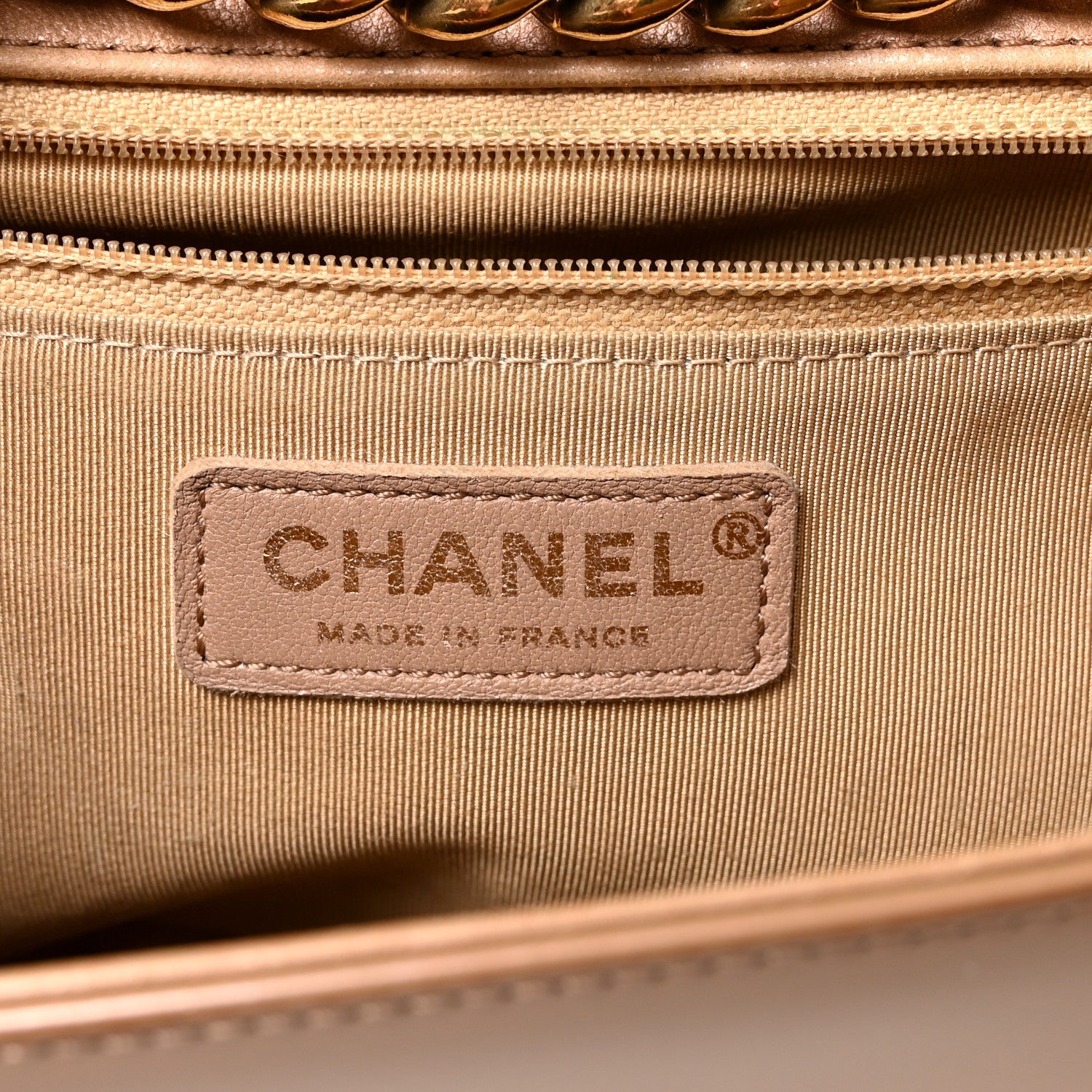 Iridescent Glazed Calfskin Quilted New Medium Boy Flap Dark Beige