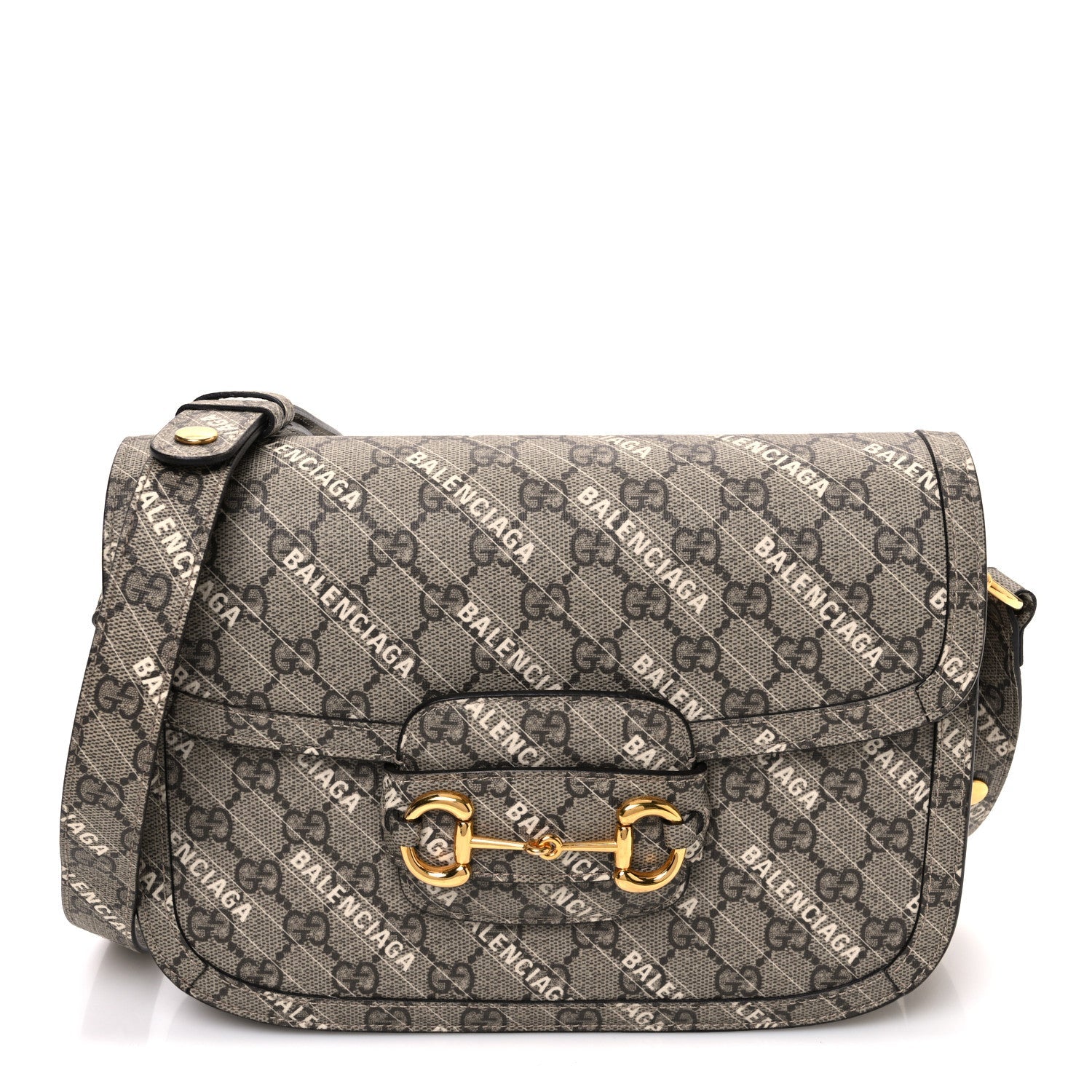 X BALENCIAGA GG Supreme Monogram Logo Print Horsebit 1955 Shoulder Bag Beige Ebony