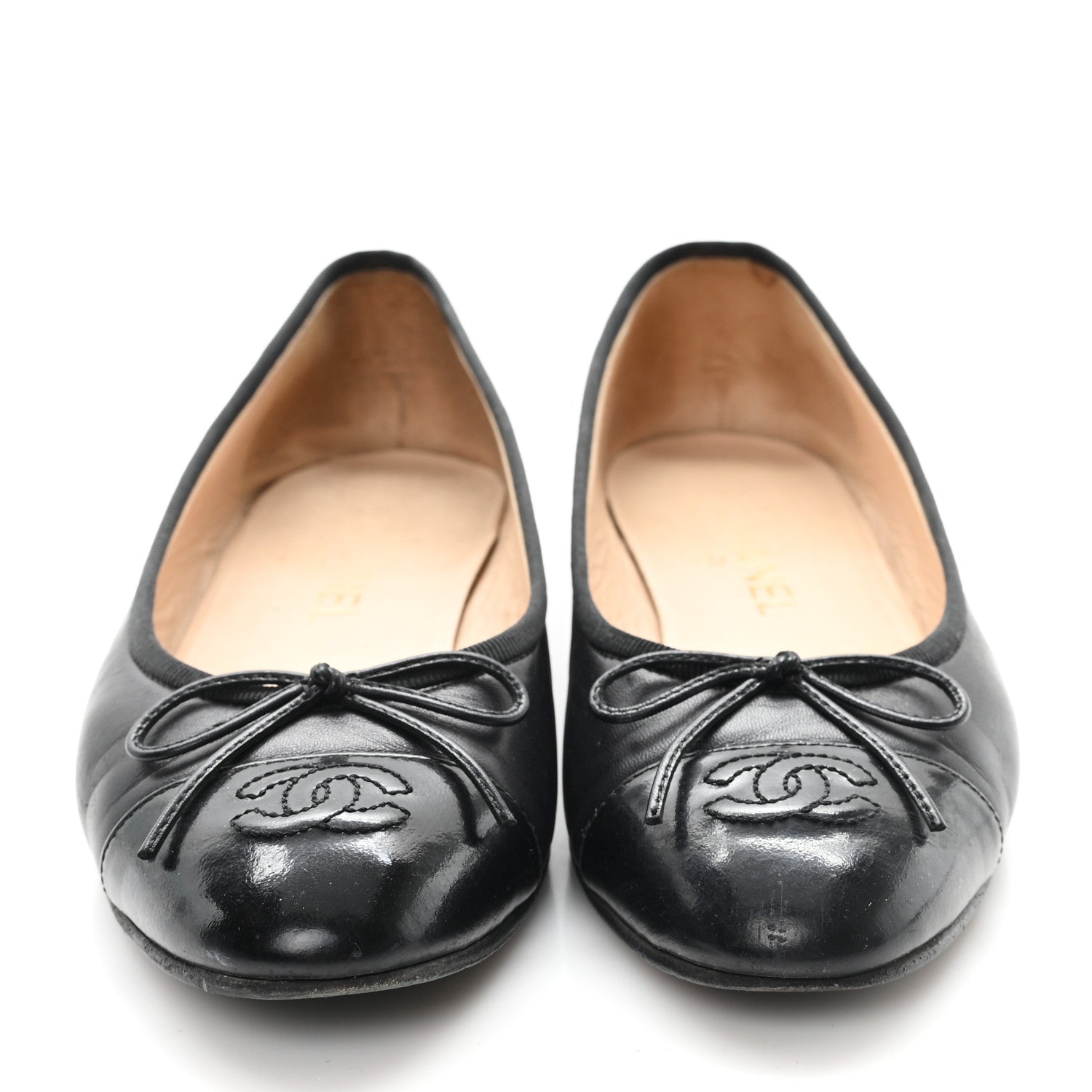 Lambskin Patent Cap Toe Ballerina Flats 38 Black