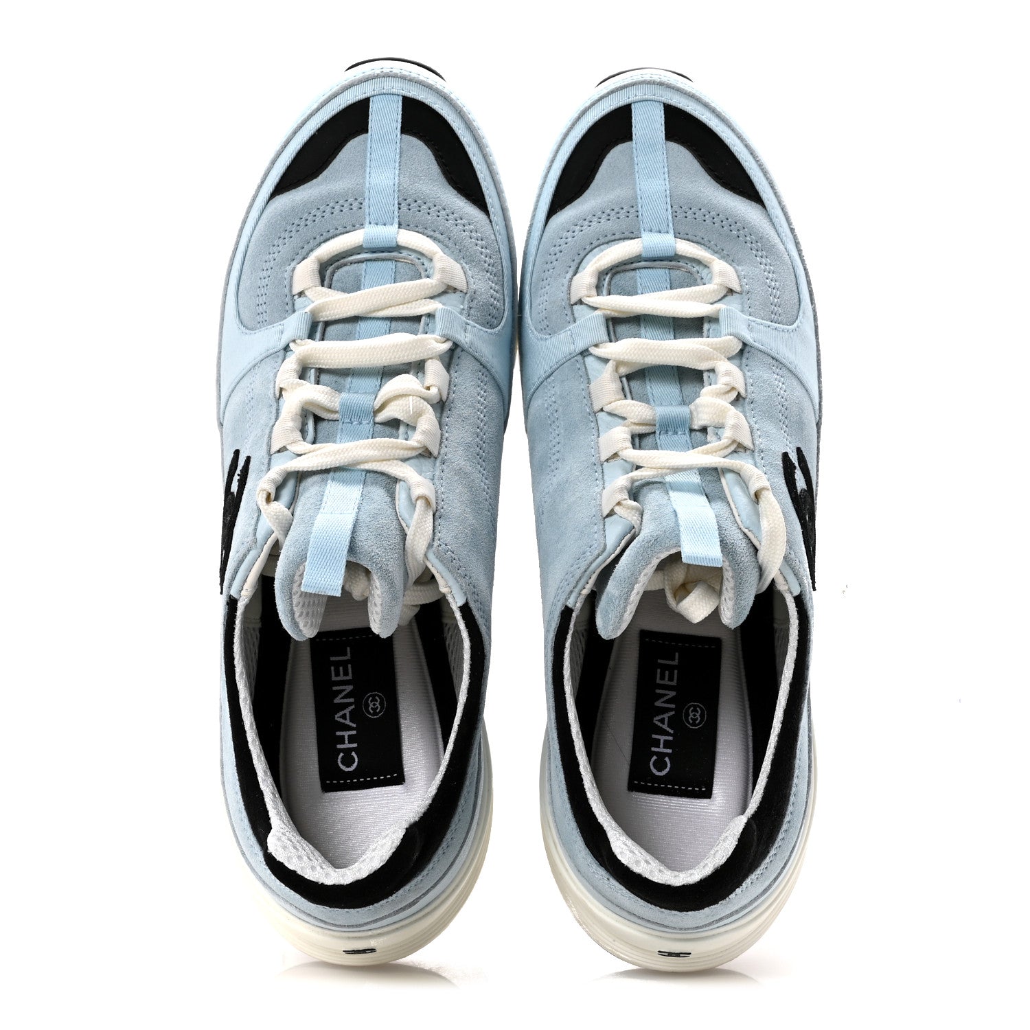 Suede Calfskin Grosgrain Womens CC Sneakers 40 Light Blue Black