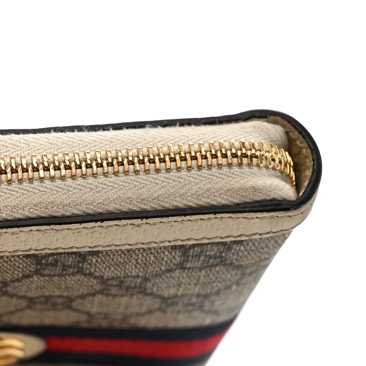 GG Supreme Monogram Textured Dollar Calfskin Web Ophidia Zip Around Wallet Beige Ebony Mystic White