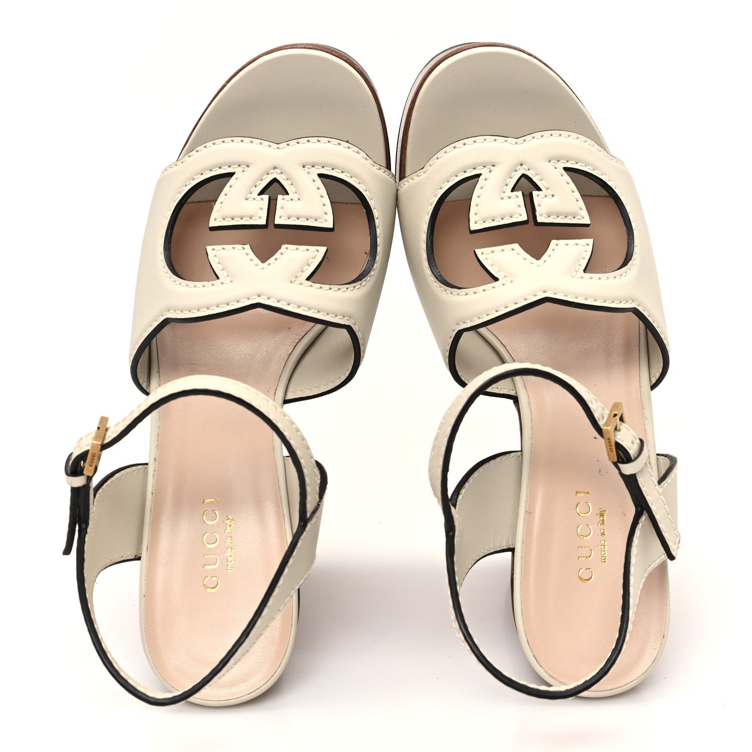 Cosmos Softy Calfskin Wooden Interlocking G Cut-Out 30/120mm Platform Sandals 36.5 Mystic White