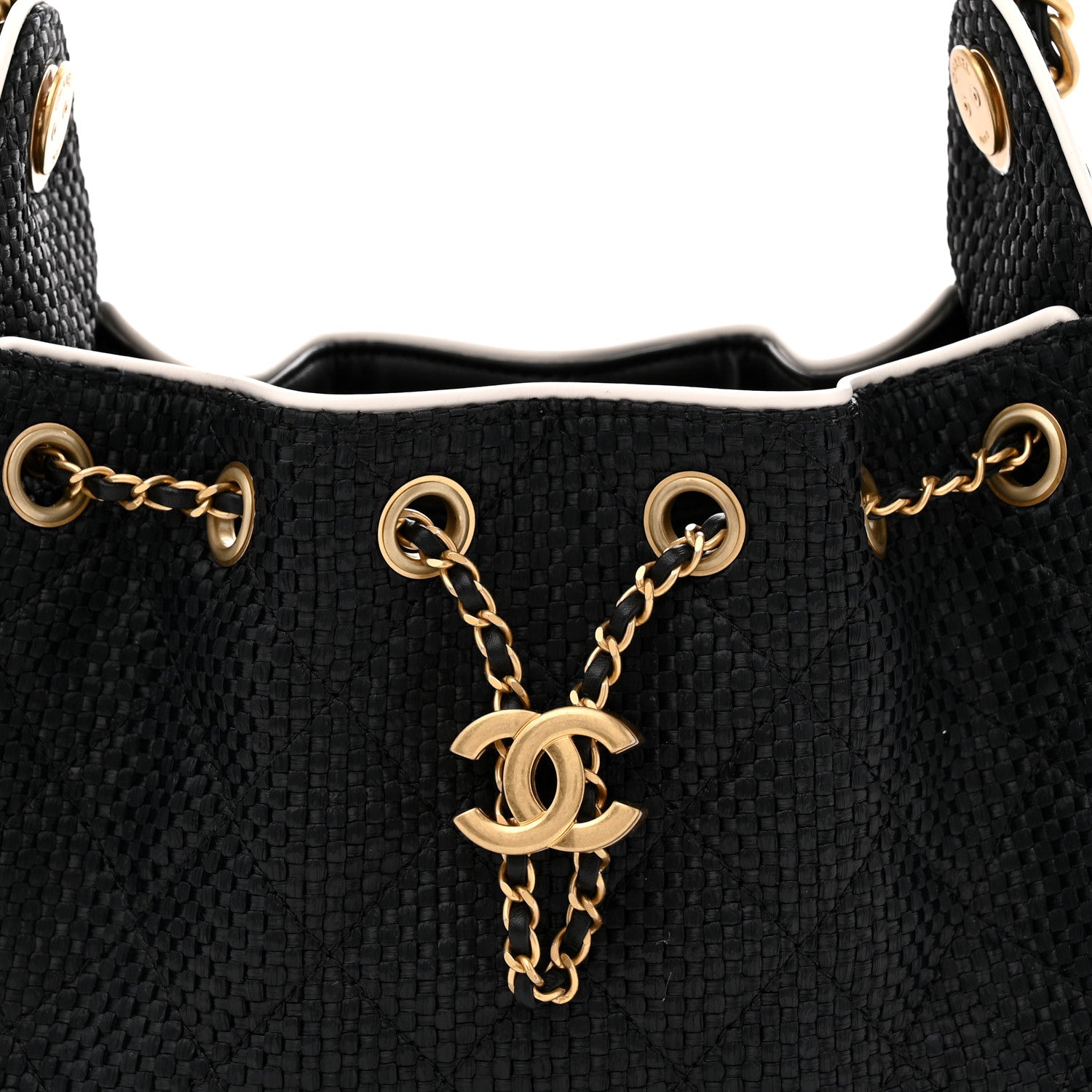 Braided Raffia Calfskin Mini Chanel 25 Handbag Black White