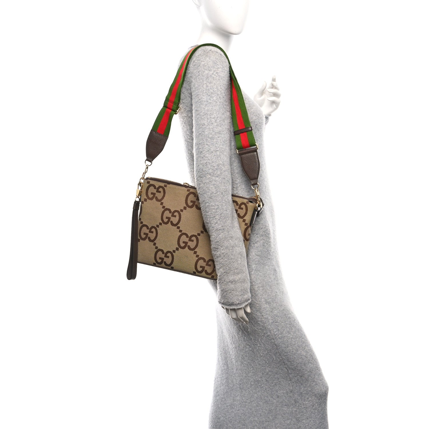 Monogram Jumbo GG Textured Dollar Calfskin Web Wristlet Messenger Bag Camel Ebony New Acero