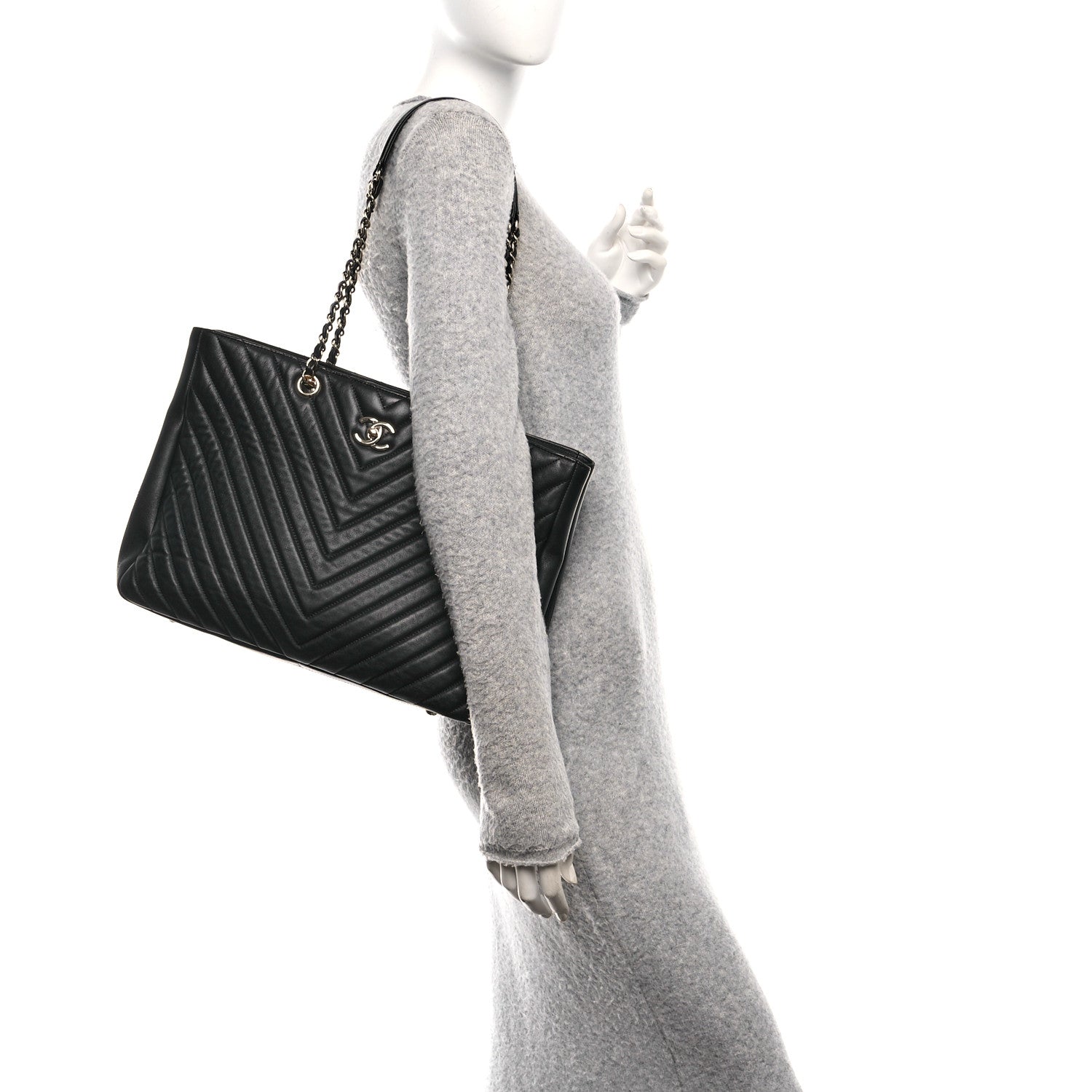 Iridescent Calfskin Chevron Quilted Shopping Tote Black