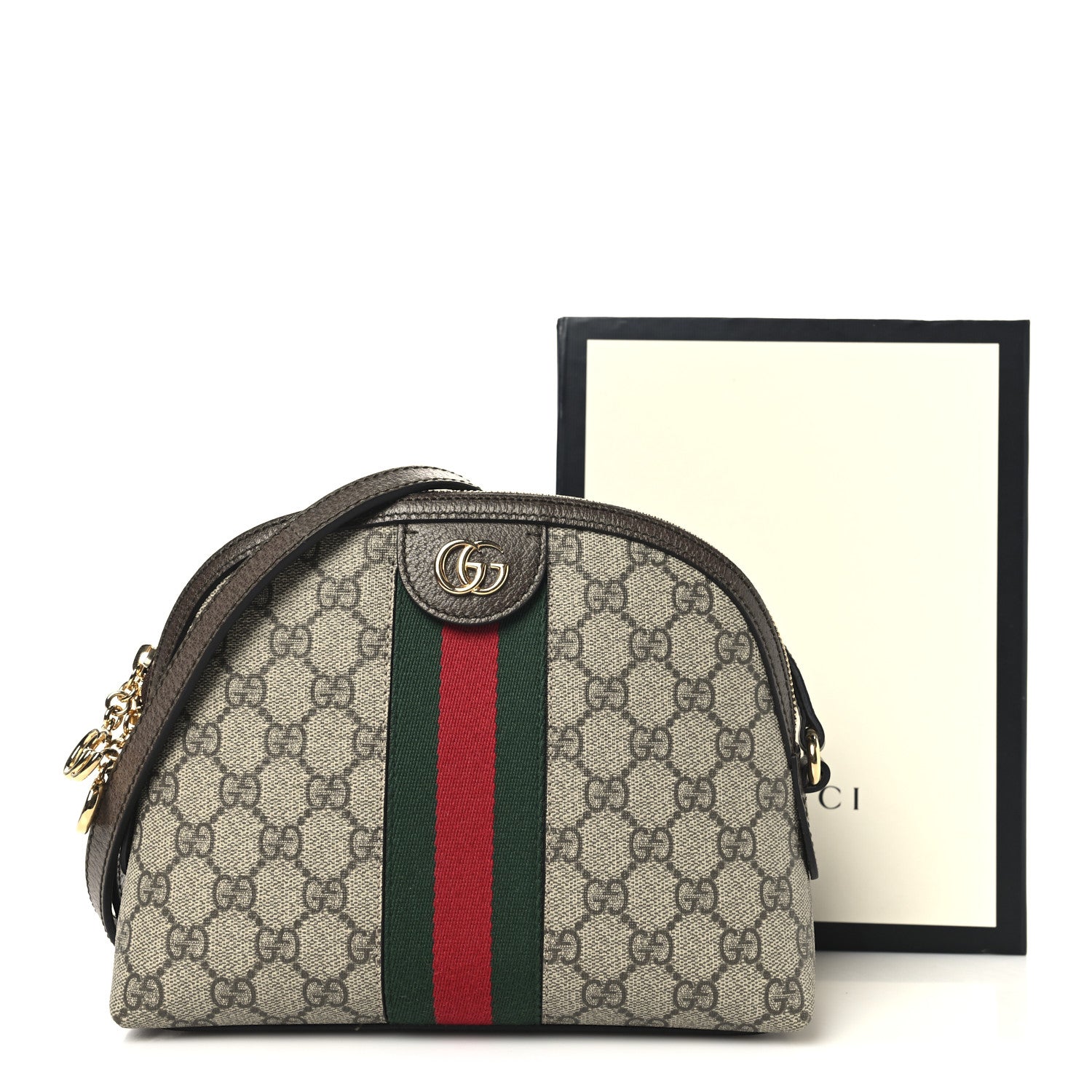 GG Supreme Monogram Textured Dollar Calfskin Web Small Ophidia Dome Shoulder Bag Beige Ebony New Acero