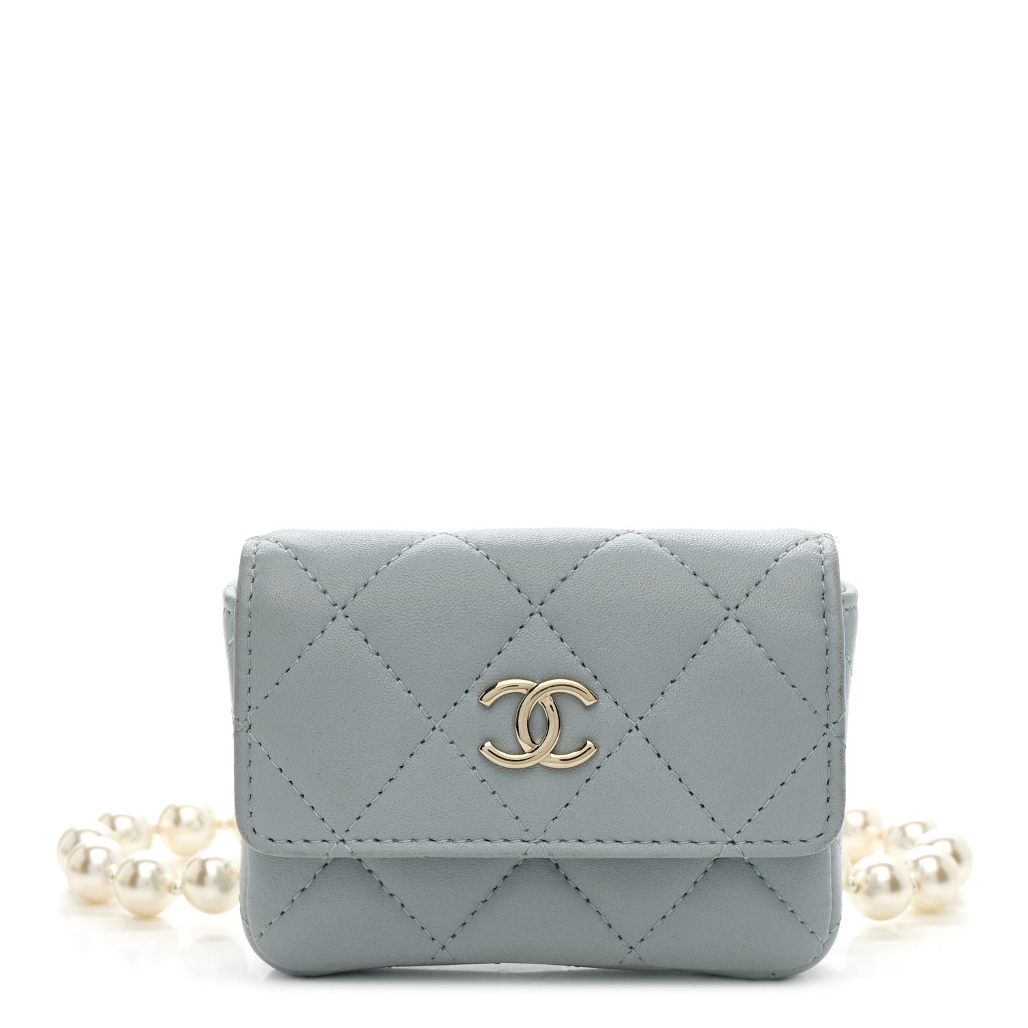 Lambskin Quilted Pearl Chain Belt Bag Light Blue