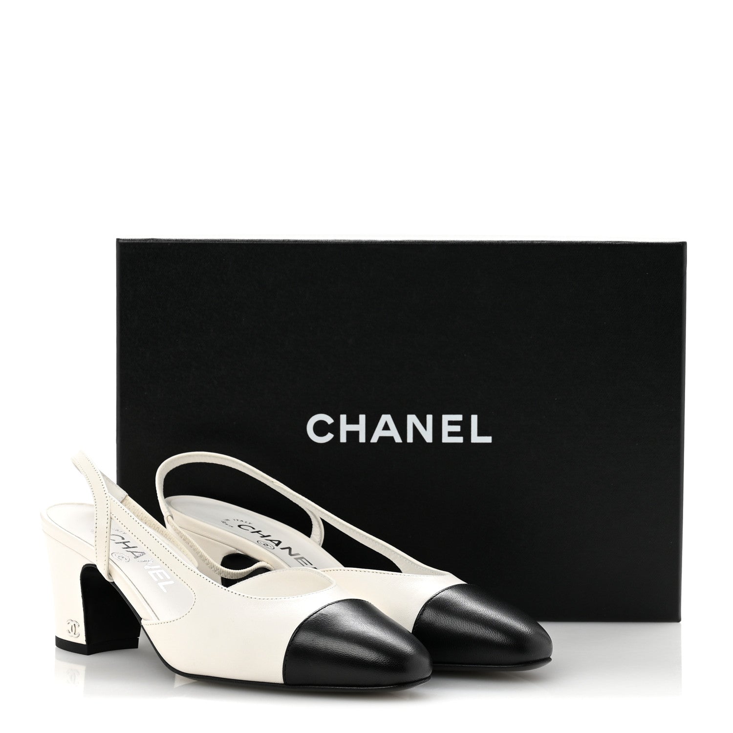 Lambskin Cap Toe CC Slingback Pumps 36.5 White Black