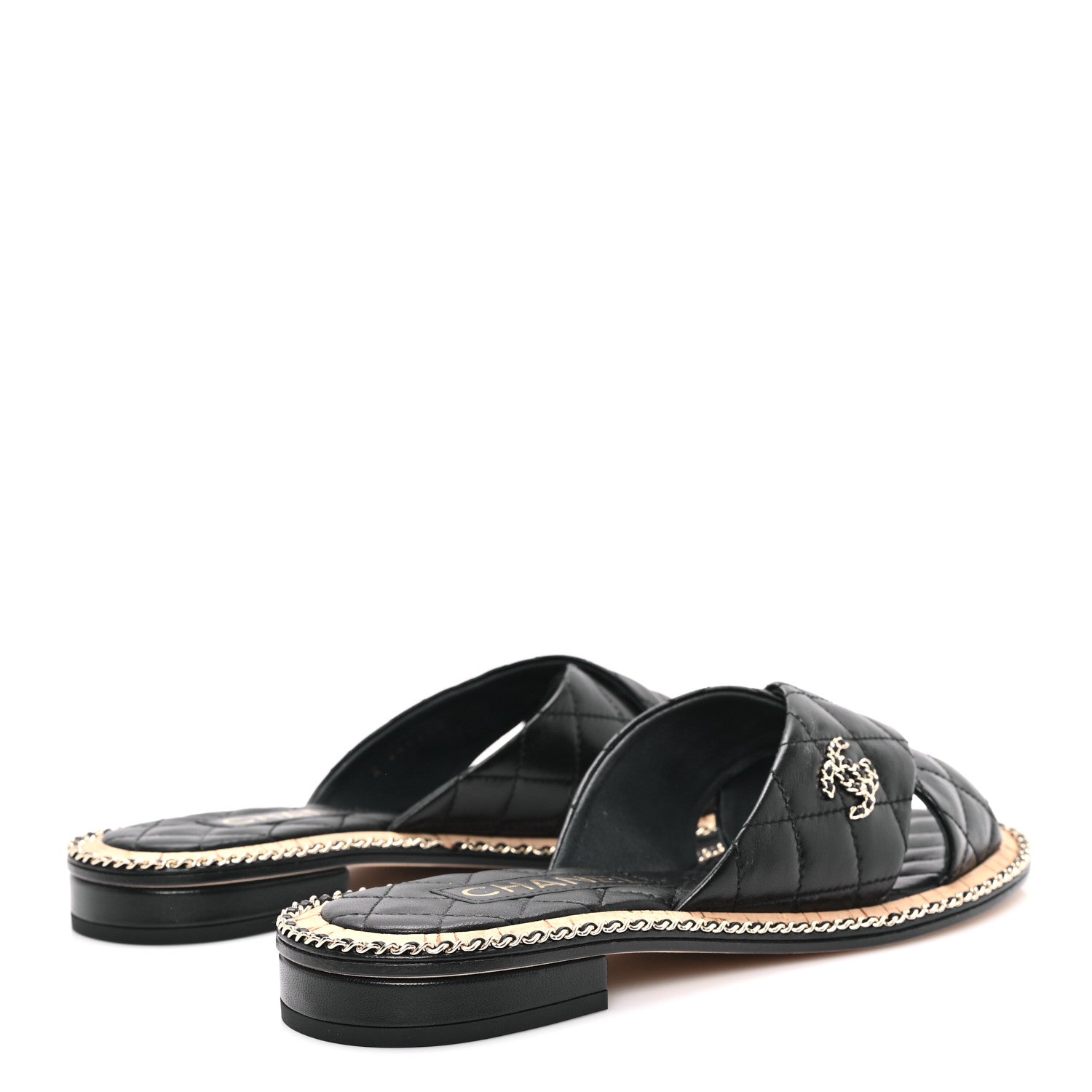 Lambskin Quilted Chain CC Sandals 39 Black