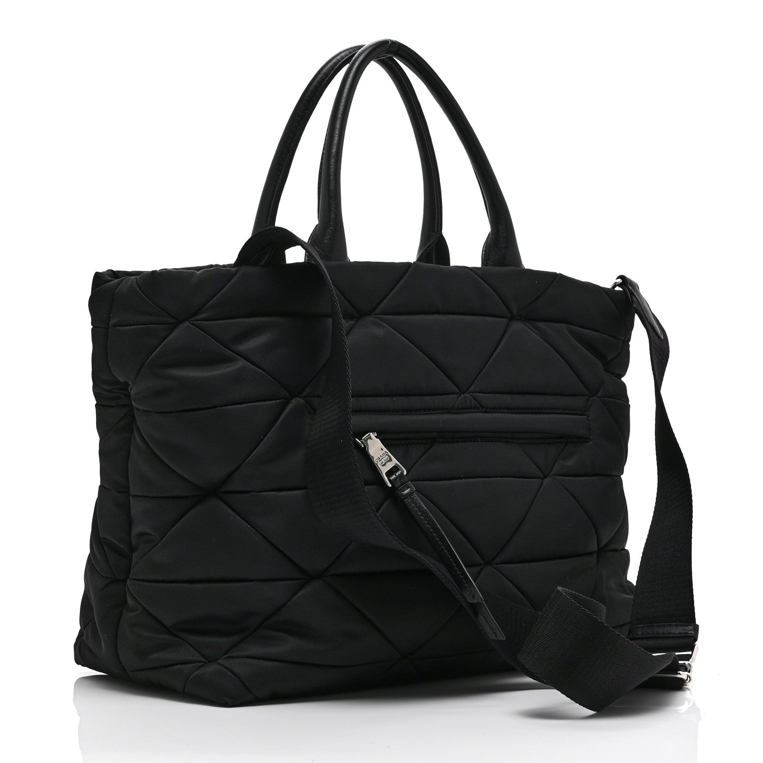 Re-Nylon Nappa Triangle Quilted Padded Medium Double Handled Zip Tote Black