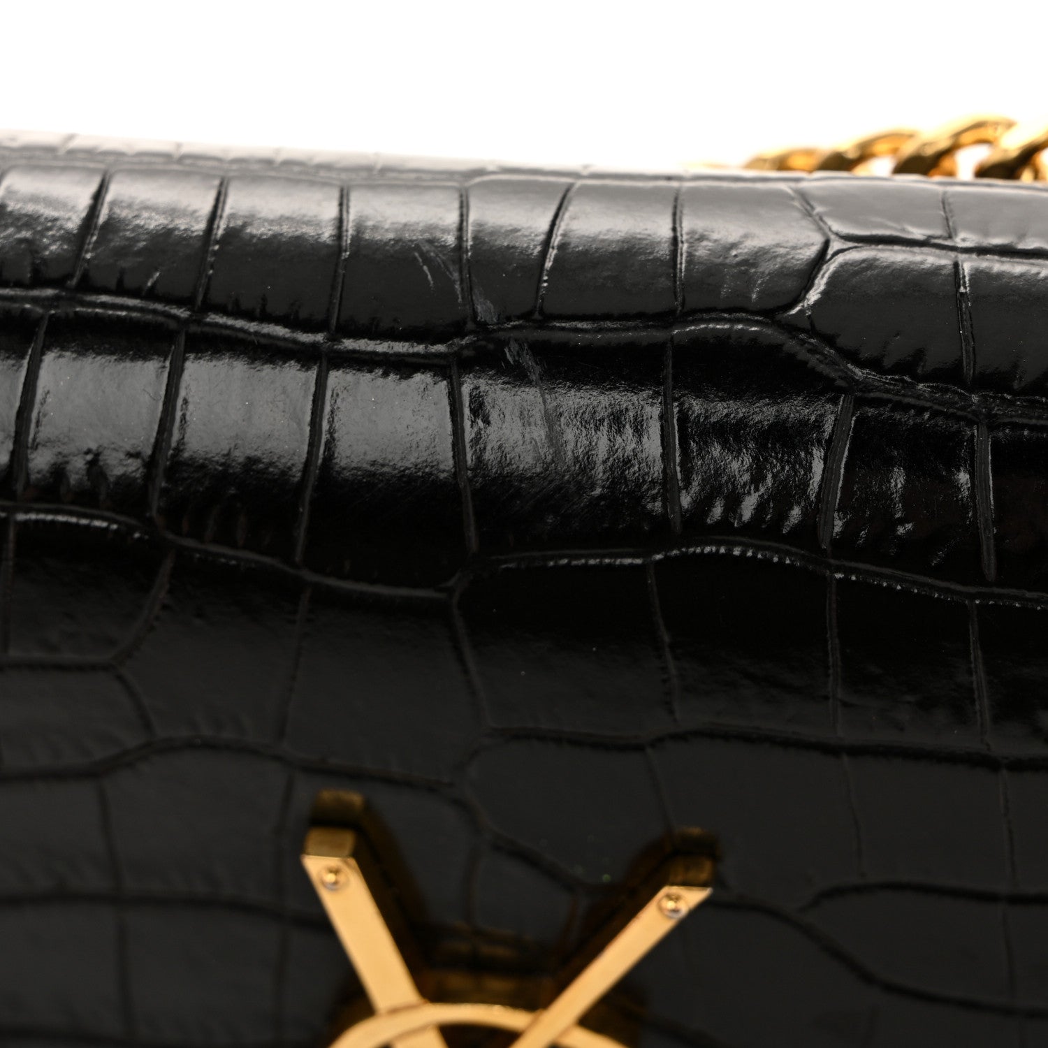 Calfskin Crocodile Embossed Small Classic Monogram Kate Tassel Satchel Black