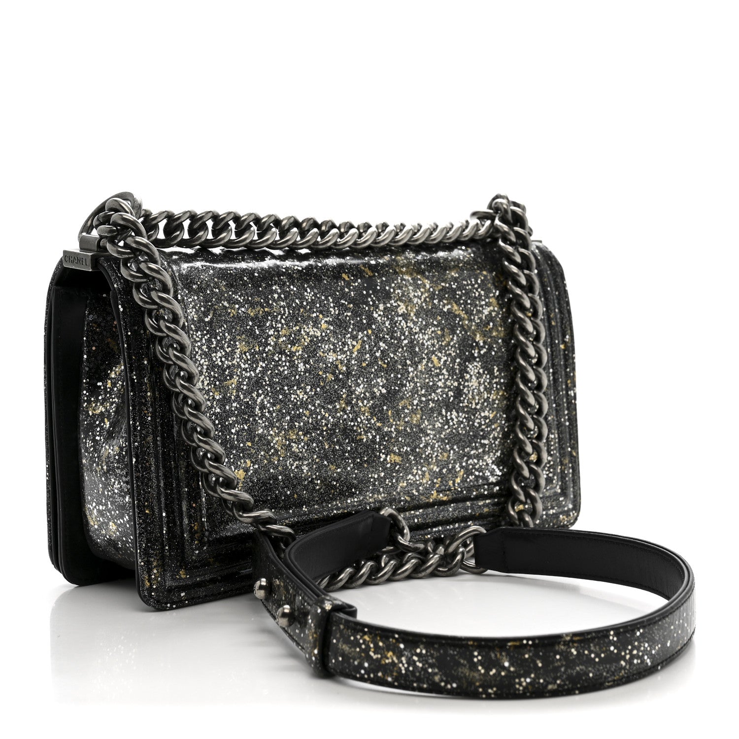 Glitter Glazed Calfskin Medium Boy Flap Black